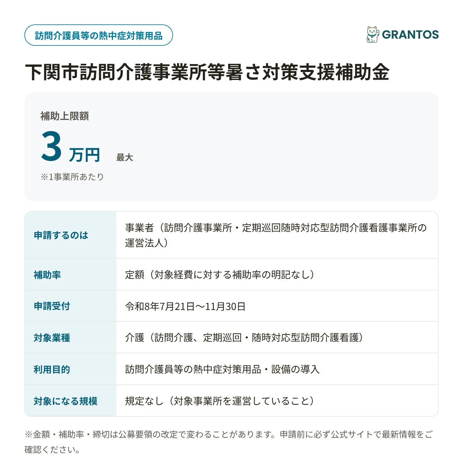 下関市訪問介護暑さ対策支援補助金の対象・金額・締切の概要