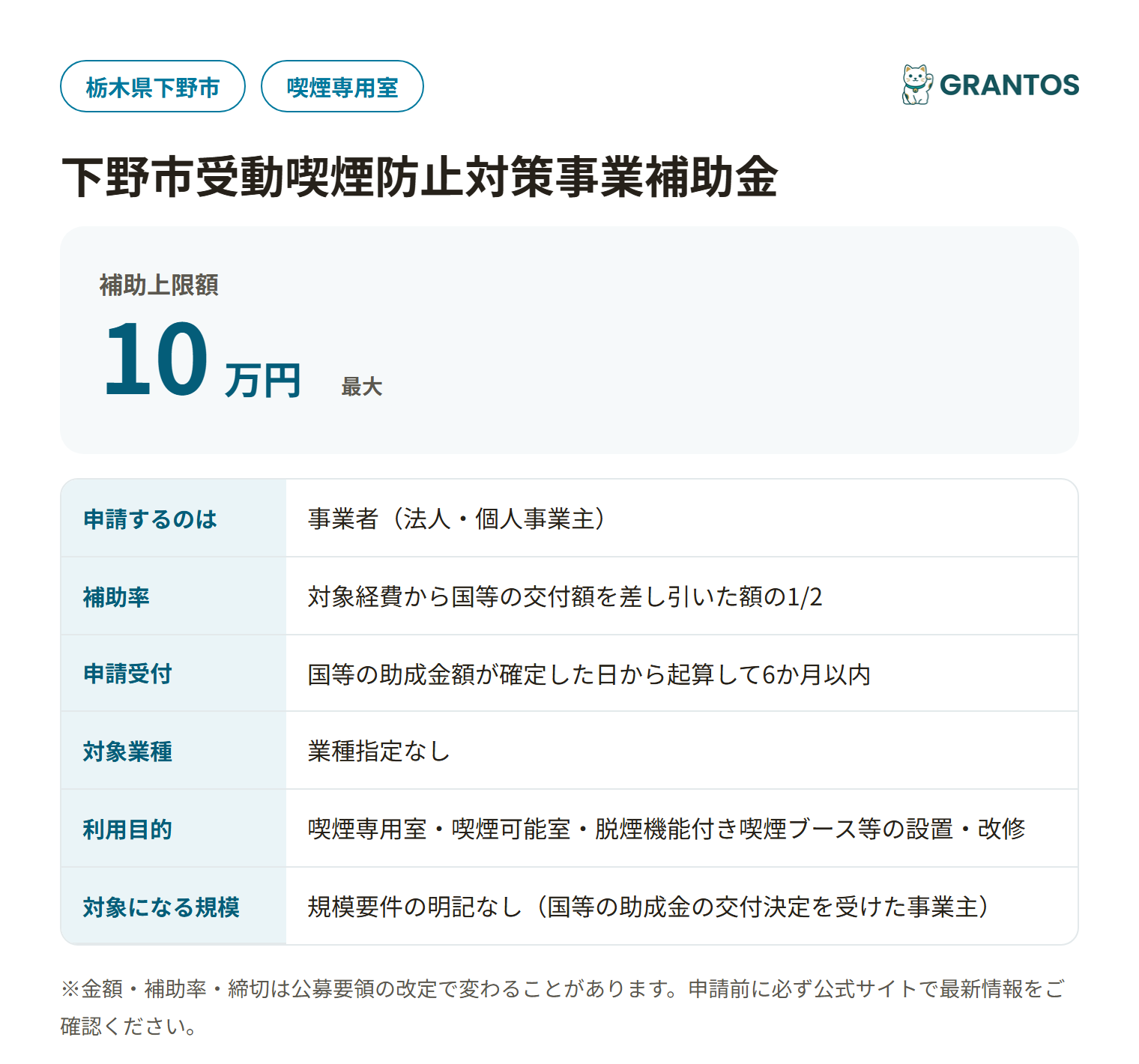 下野市受動喫煙防止対策事業補助金の対象・金額・締切の概要
