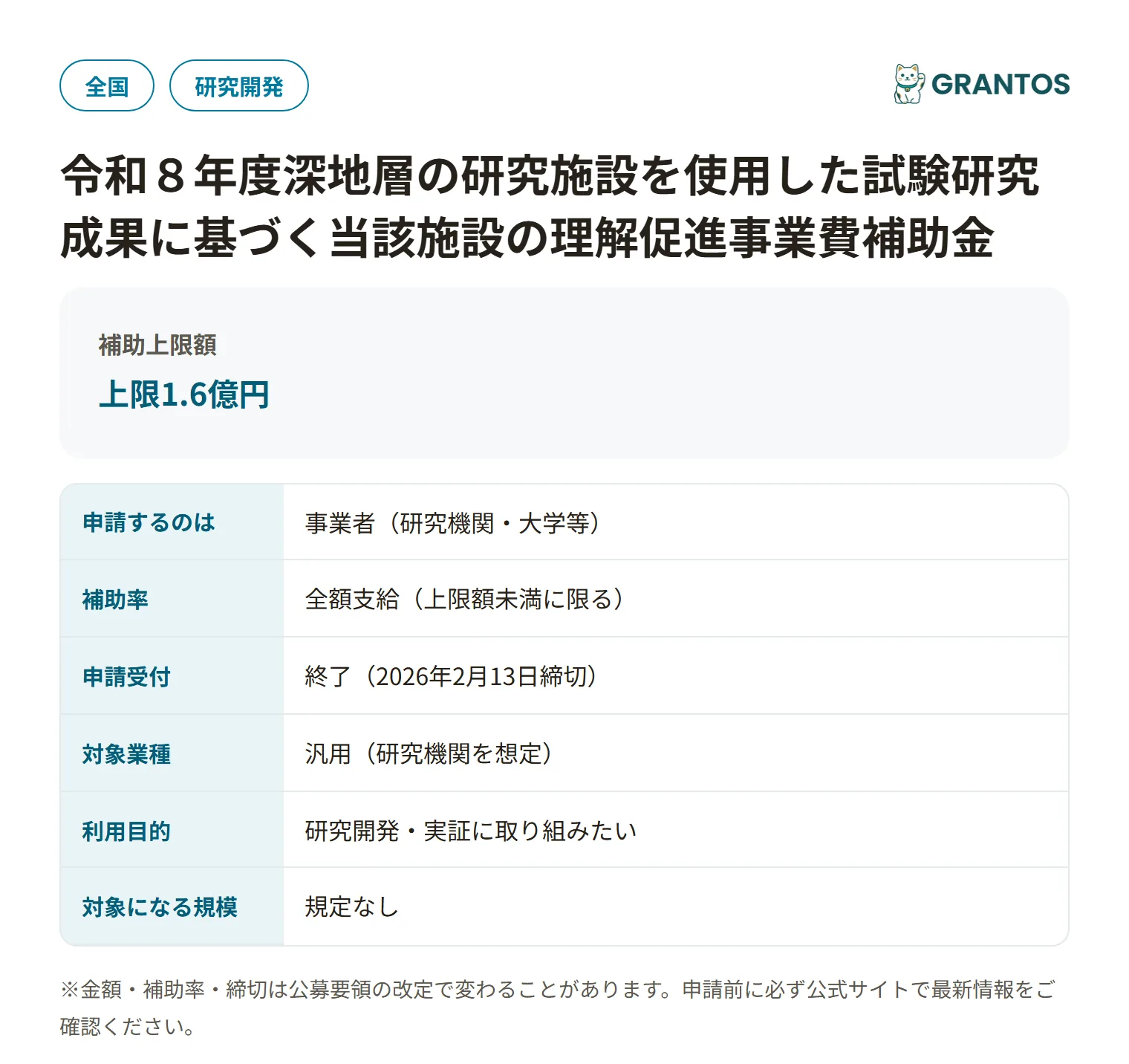 深地層の研究施設を使用した試験研究成果に基づく当該施設の理解促進事業費補助金の対象・金額・締切の概要