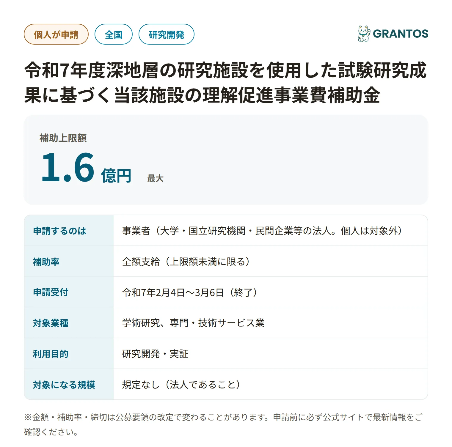深地層の研究施設を使用した試験研究成果に基づく当該施設の理解促進事業費補助金の対象・金額・締切の概要