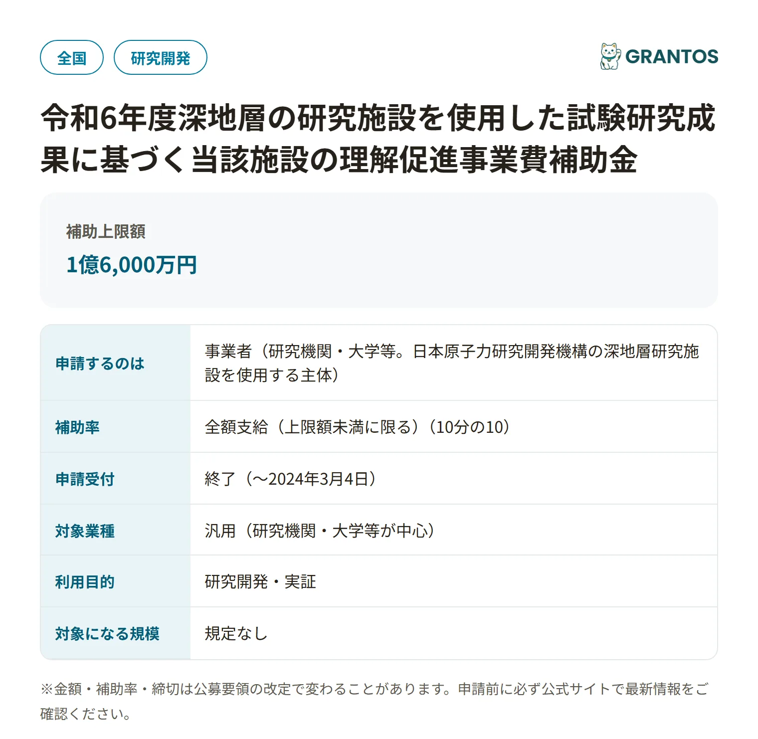深地層の研究施設を使用した試験研究成果に基づく当該施設の理解促進事業費補助金の対象・金額・締切の概要