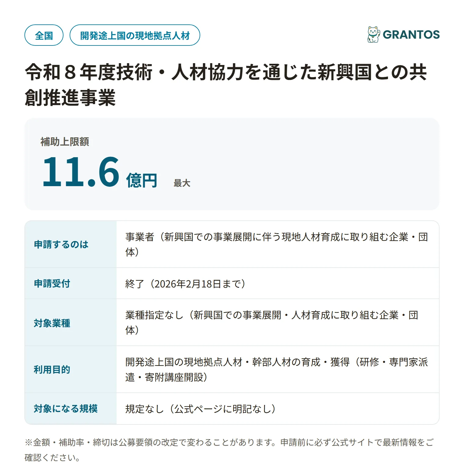 新興国共創推進事業補助金の対象・金額・締切の概要