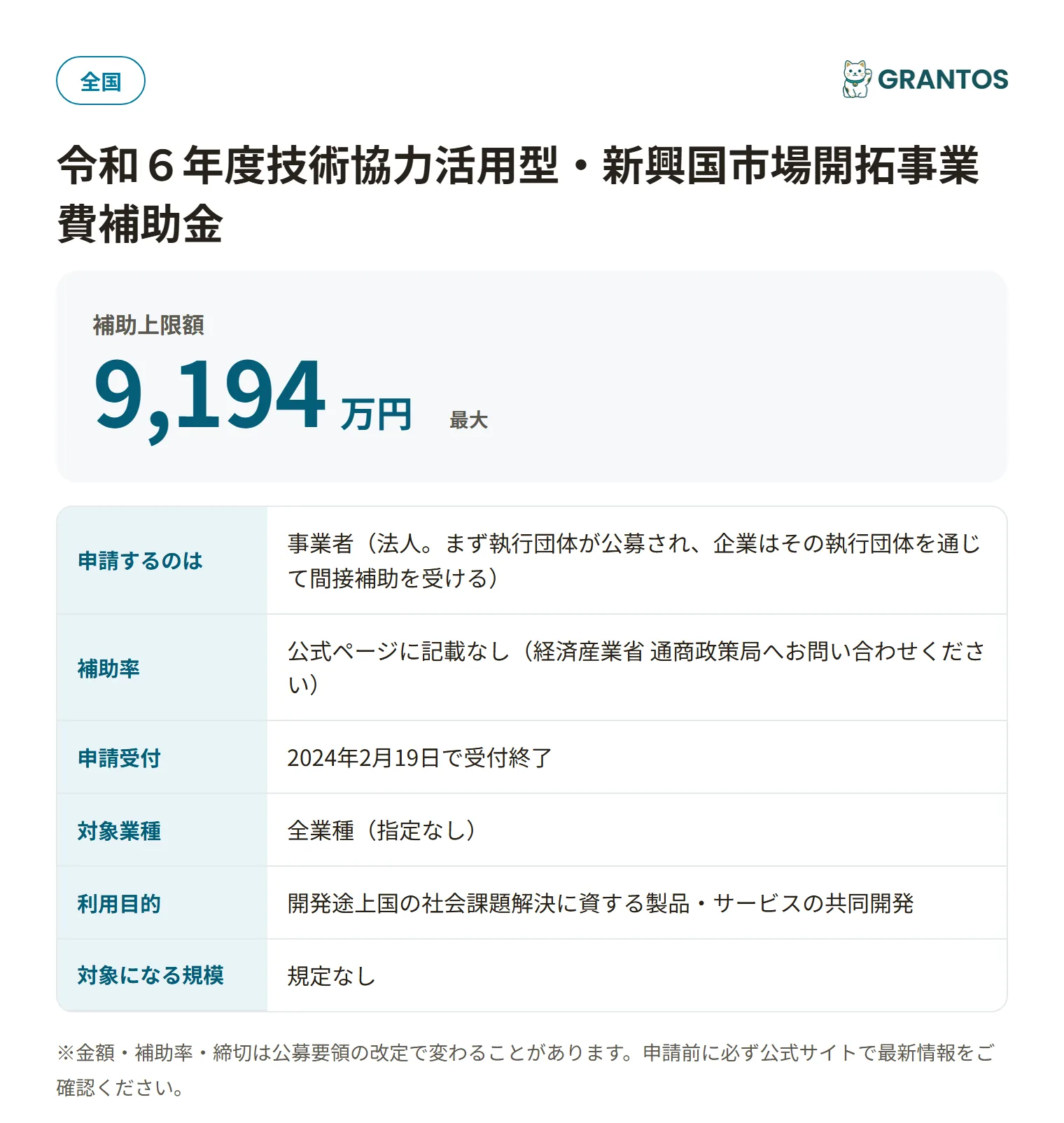 令和６年度技術協力活用型・新興国市場開拓事業費補助金の対象・金額・締切の概要