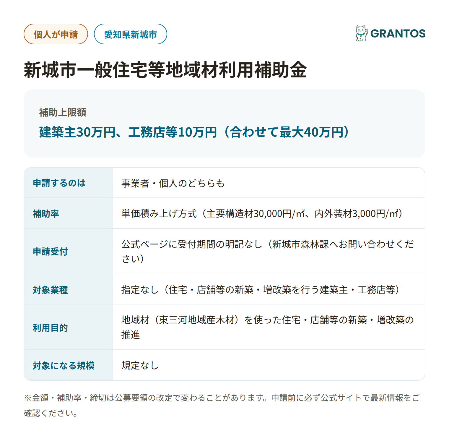 新城市一般住宅等地域材利用補助金の対象・金額・締切の概要