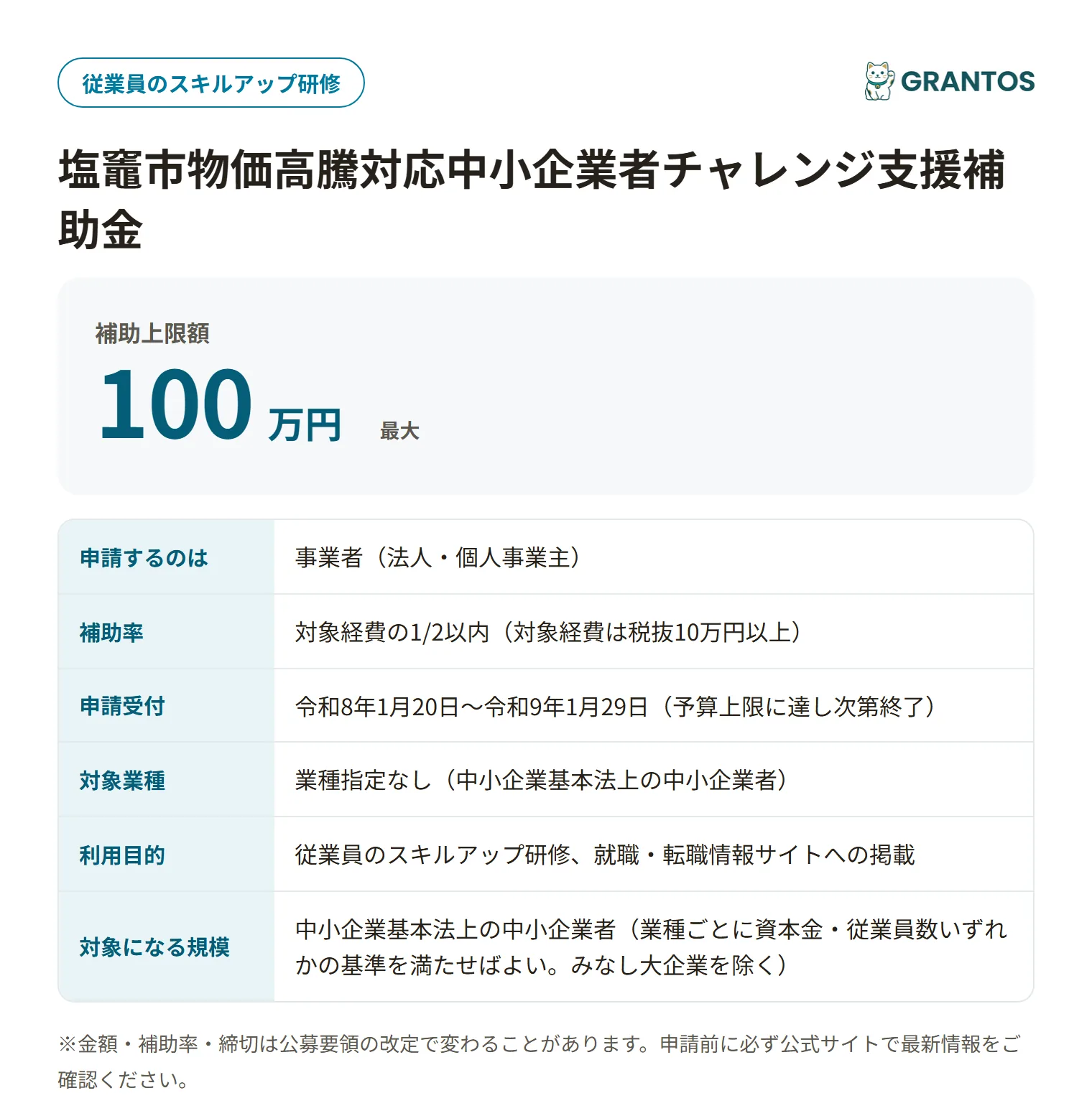 塩竈市人材育成・確保補助金の対象・金額・締切の概要