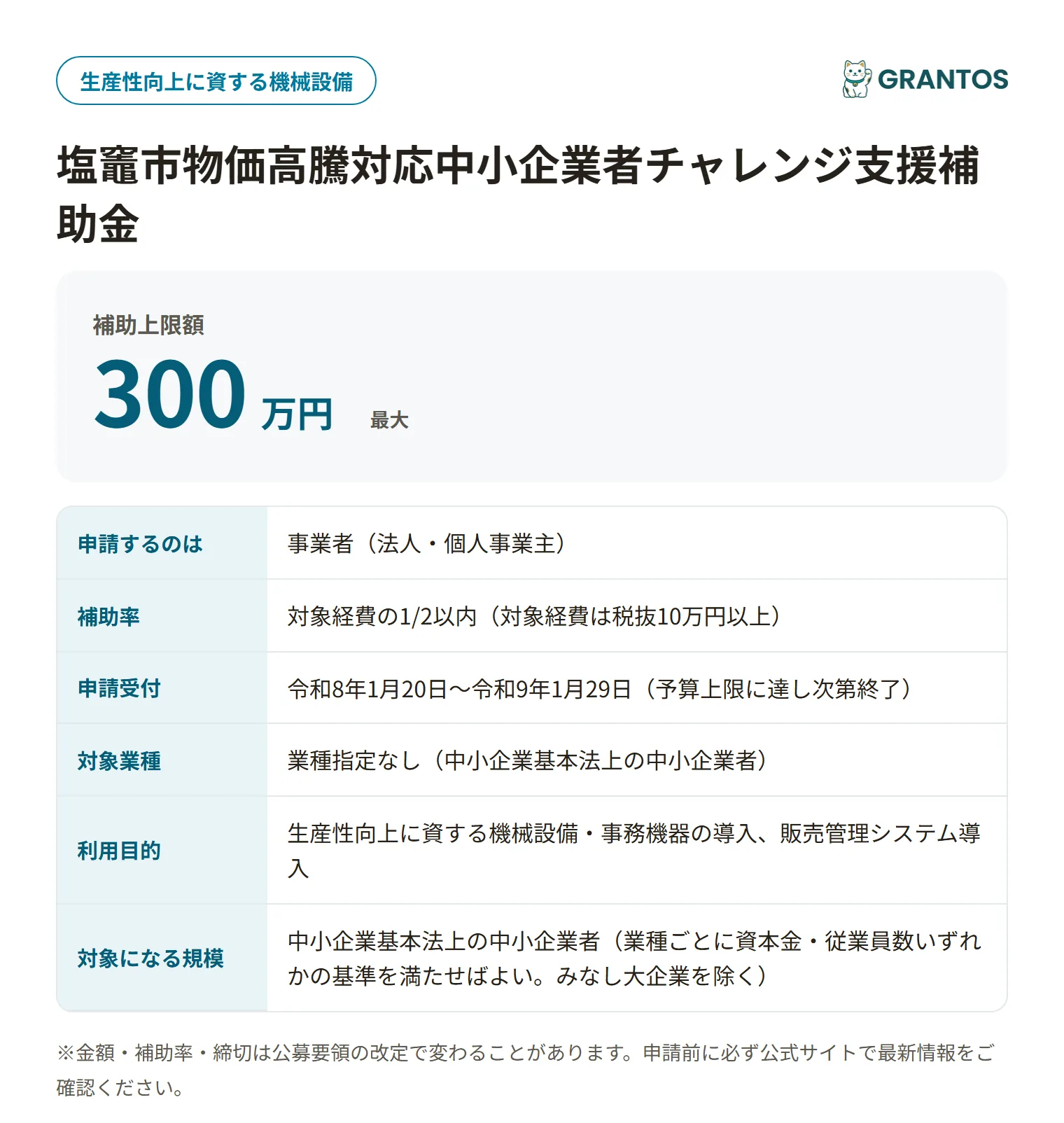塩竈市機械設備等導入補助金の対象・金額・締切の概要
