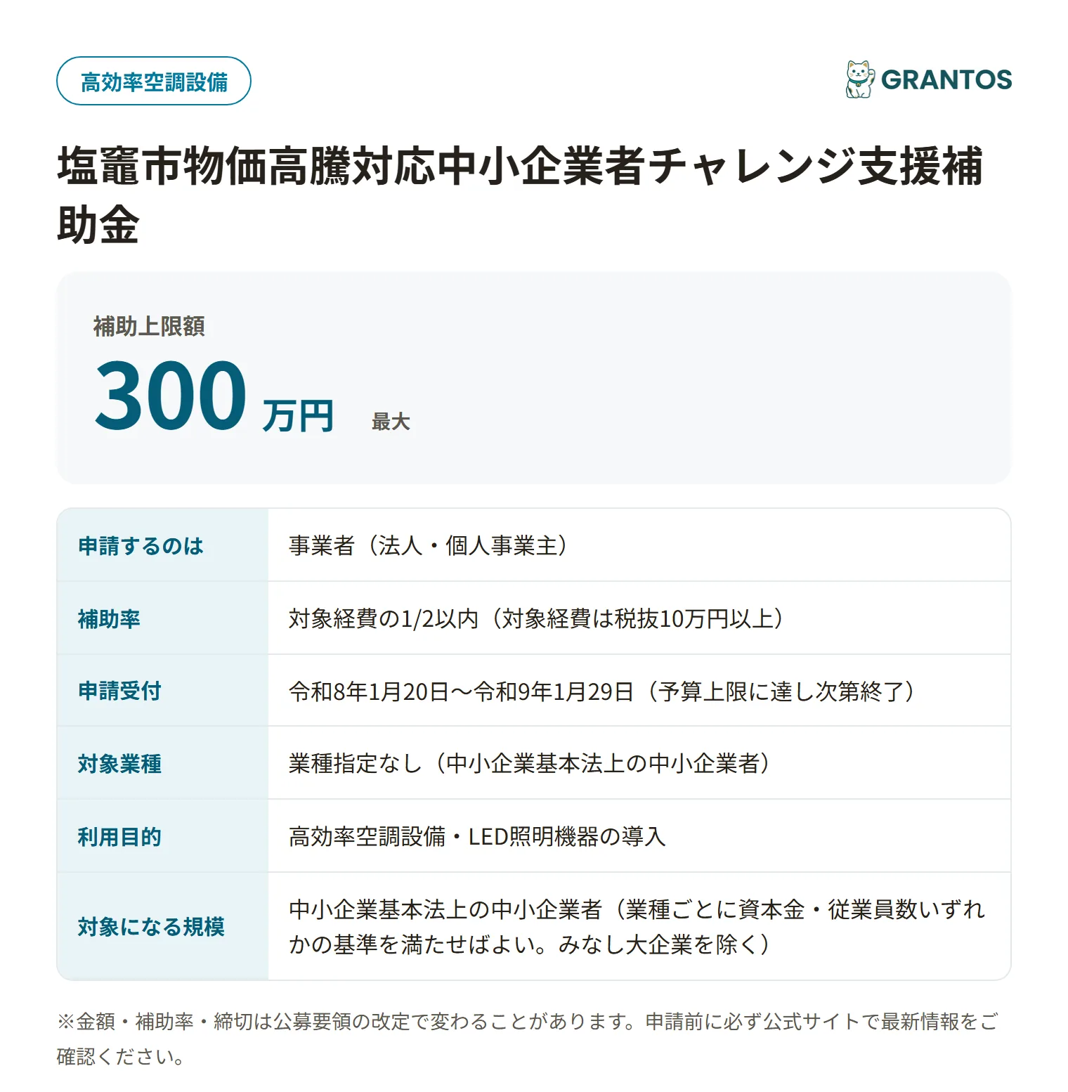 塩竈市省エネルギー機器導入補助金の対象・金額・締切の概要