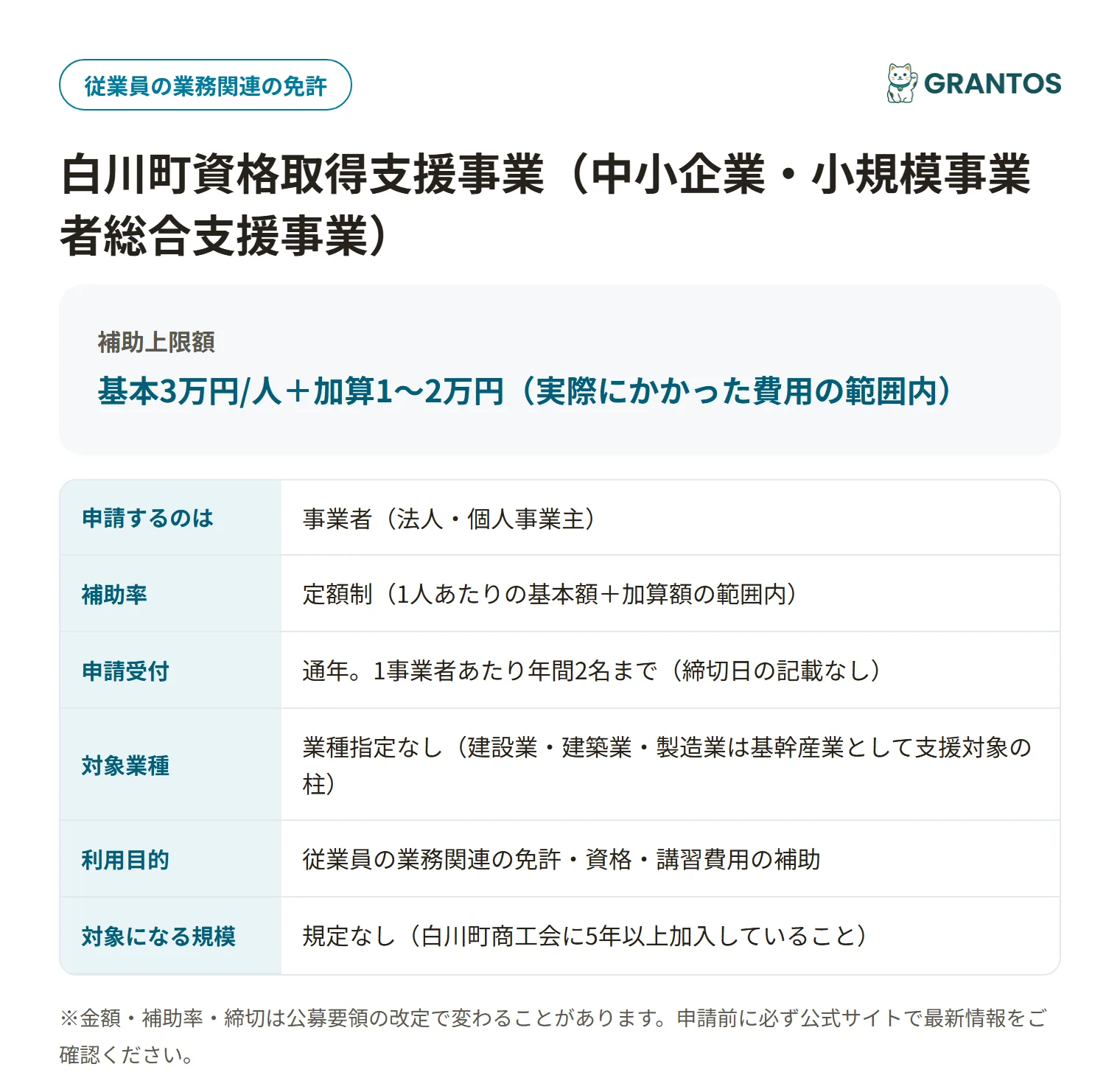 白川町資格取得支援事業の対象・金額・締切の概要
