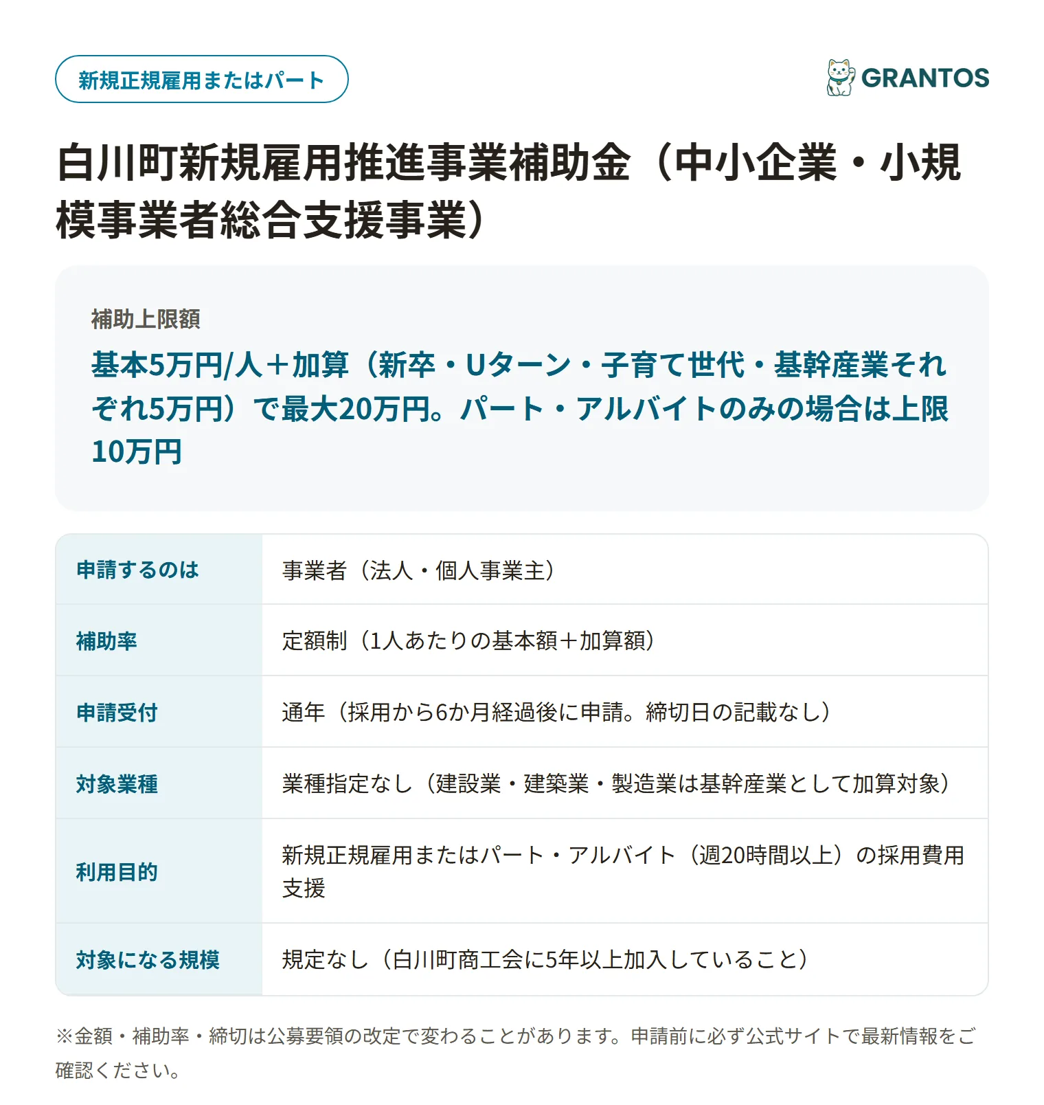 白川町新規雇用推進事業補助金の対象・金額・締切の概要