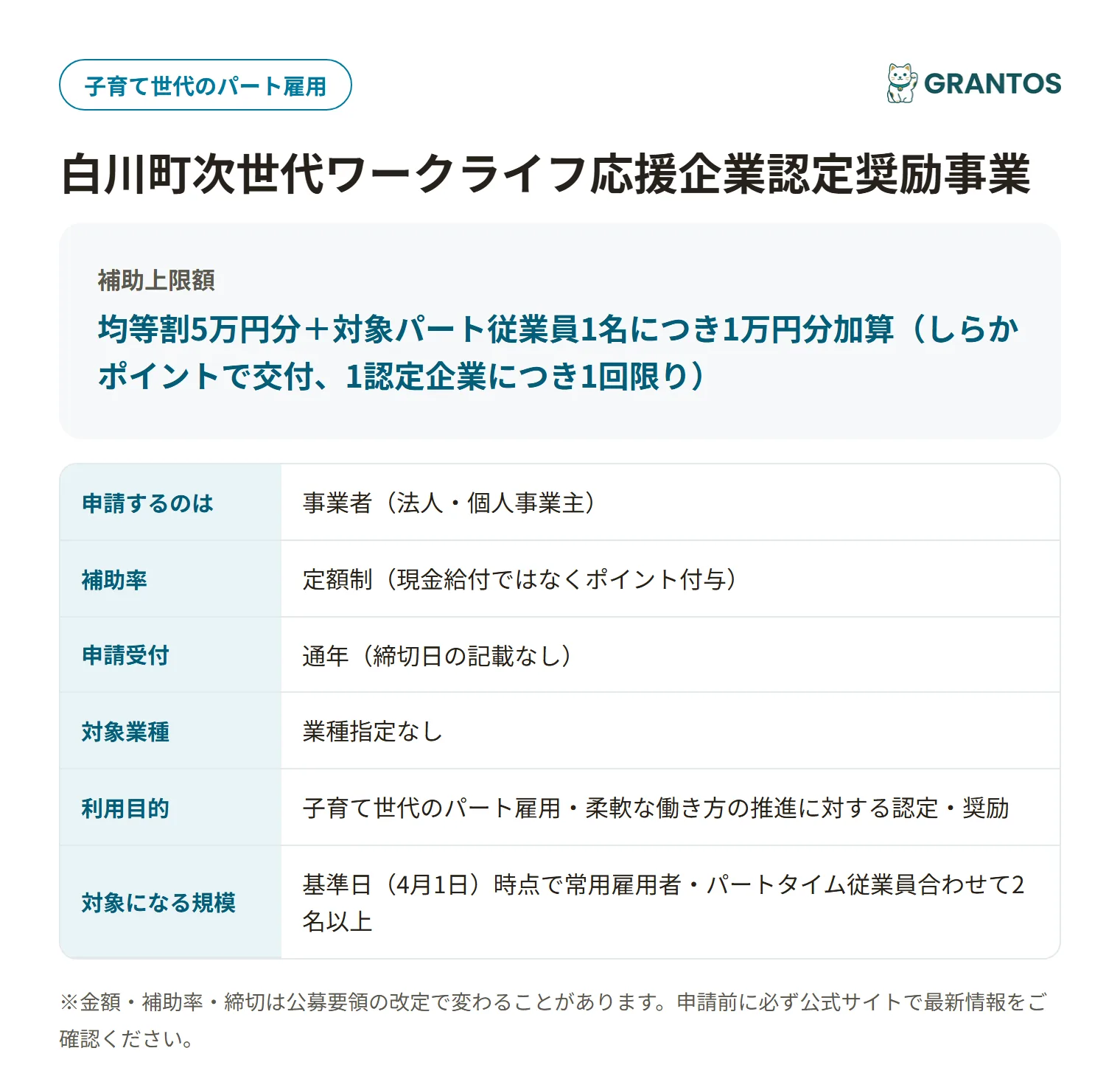 白川町次世代ワークライフ応援企業認定奨励事業の対象・金額・締切の概要