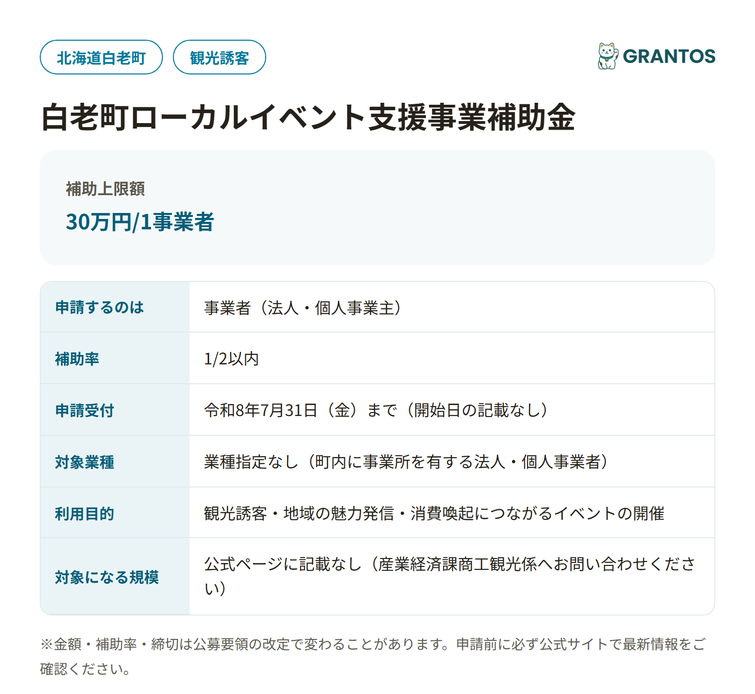 白老町ローカルイベント支援事業補助金の対象・金額・締切の概要