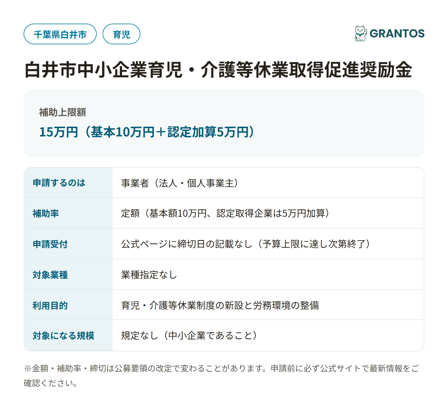 白井市中小企業育児・介護等休業取得促進奨励金の対象・金額・締切の概要
