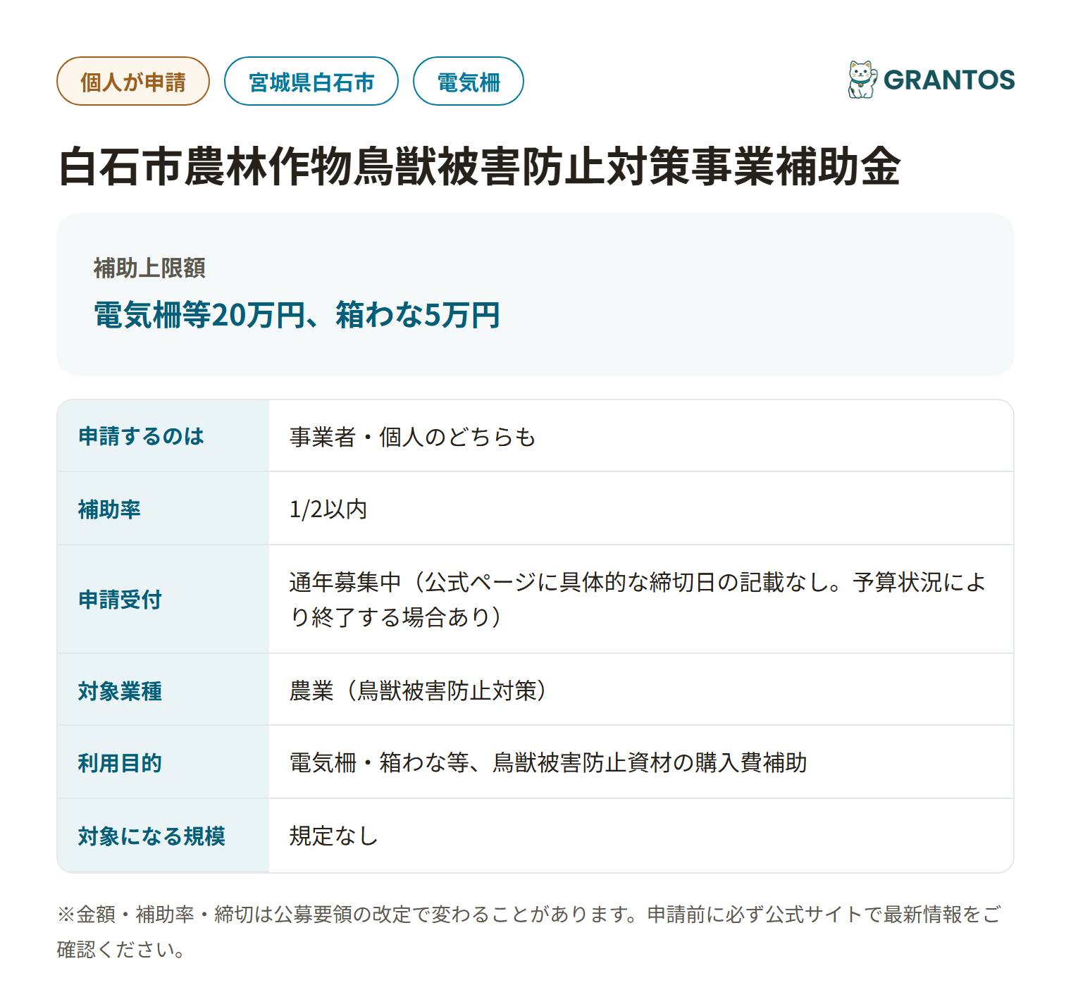 白石市農林作物鳥獣被害防止対策事業補助金の対象・金額・締切の概要
