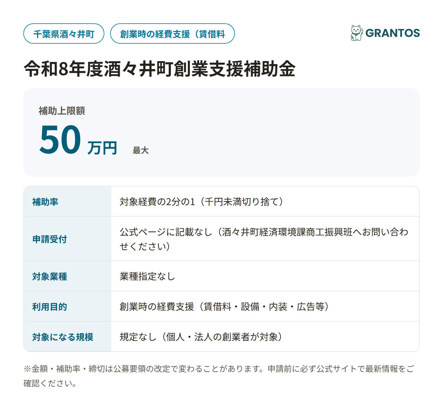 令和8年度酒々井町創業支援補助金の対象・金額・締切の概要