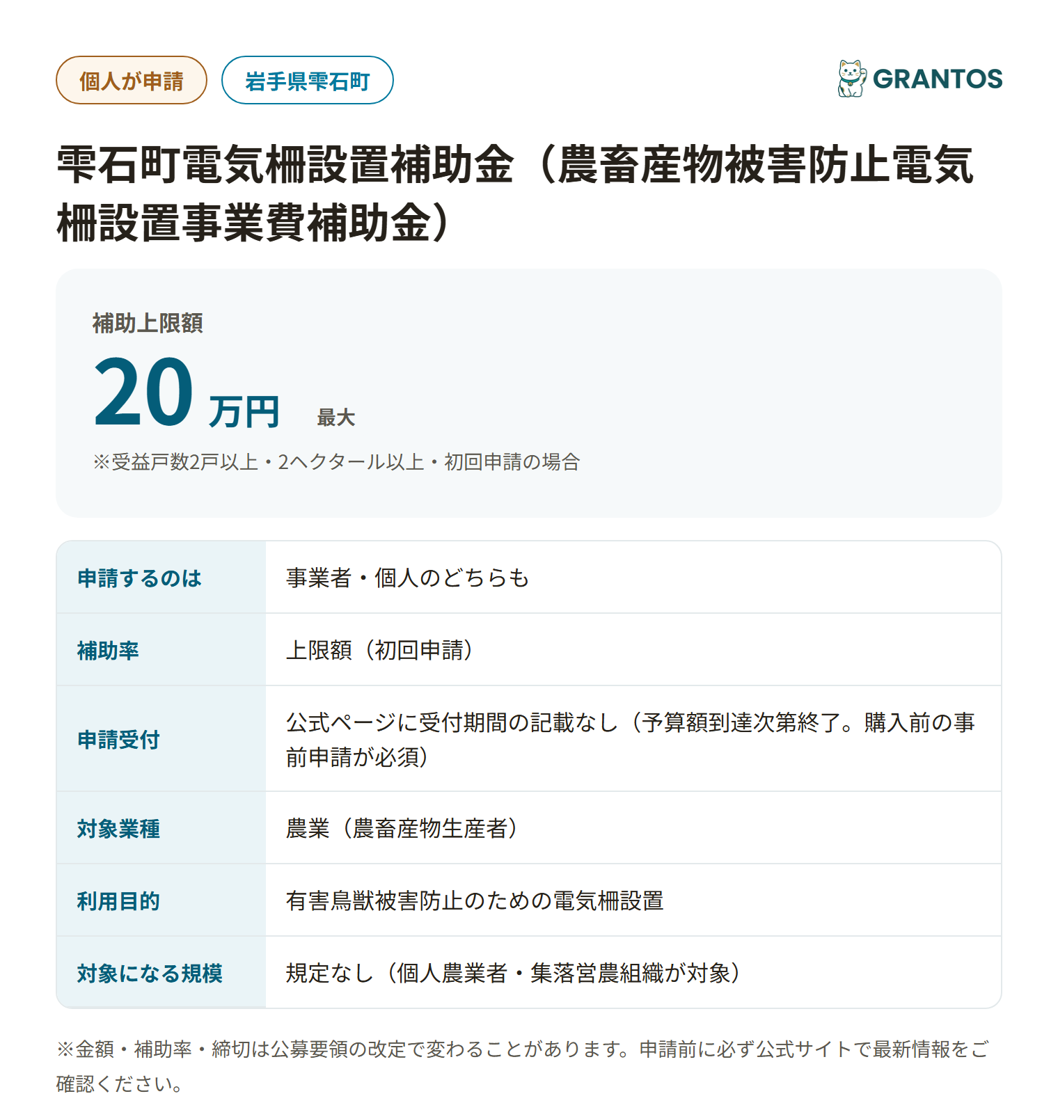 雫石町 電気柵設置補助金の対象・金額・締切の概要