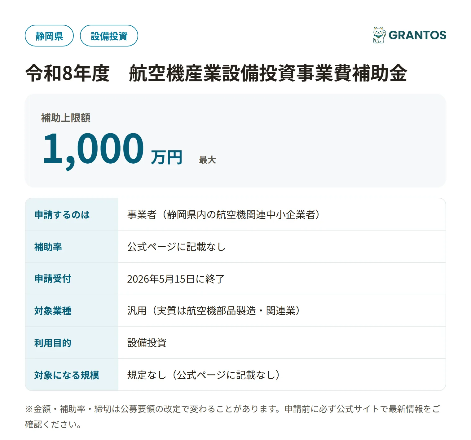 令和8年度航空機産業設備投資事業費補助金の対象・金額・締切の概要