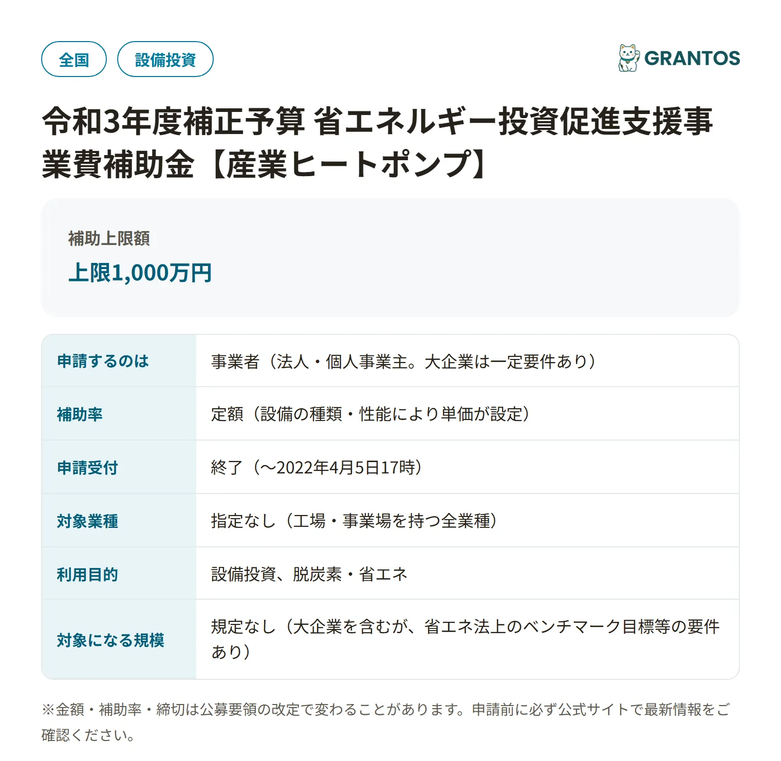 産業ヒートポンプ省エネ補助金の対象・金額・締切の概要