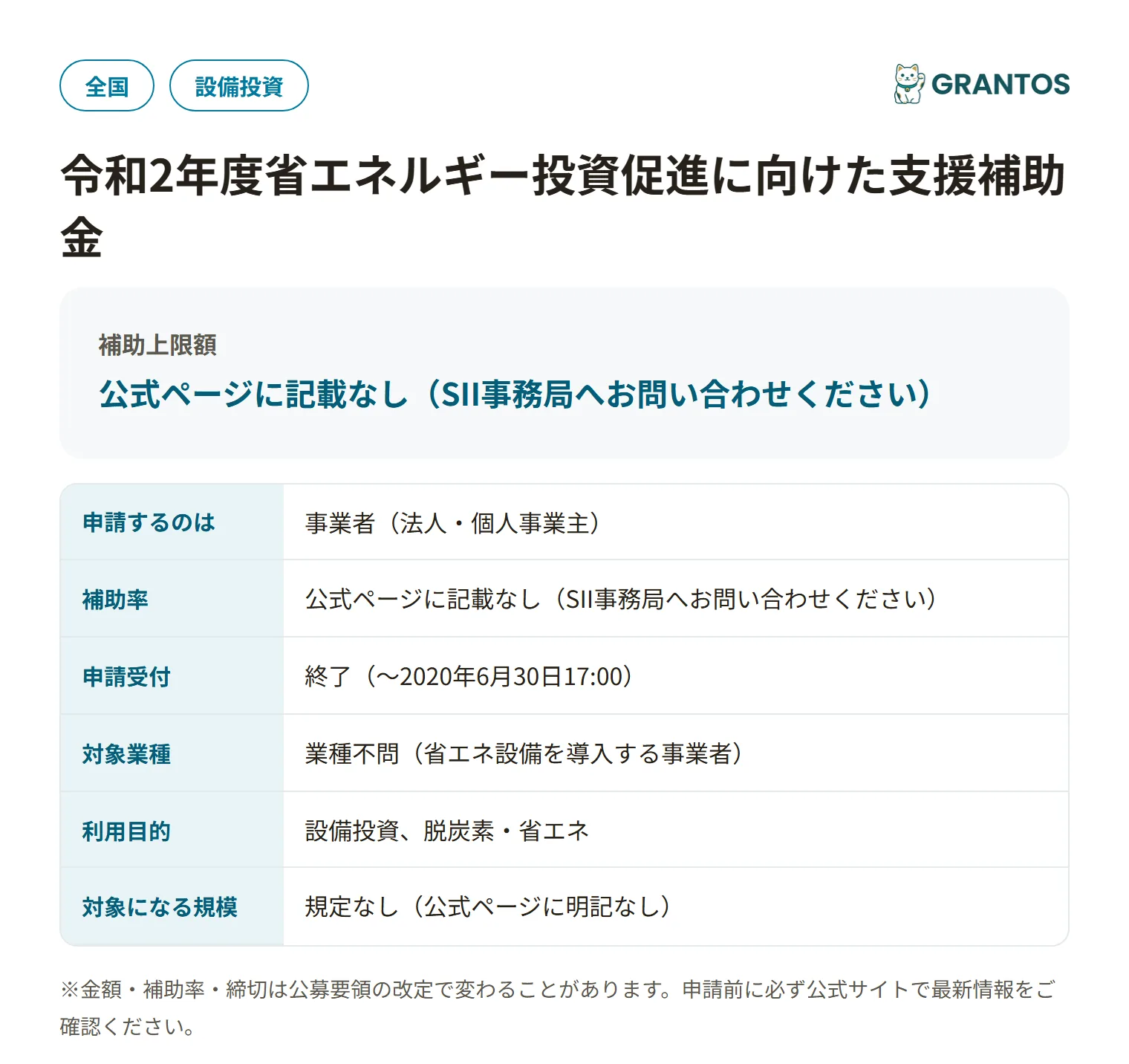 省エネ投資促進補助金（令和2年度）の対象・金額・締切の概要