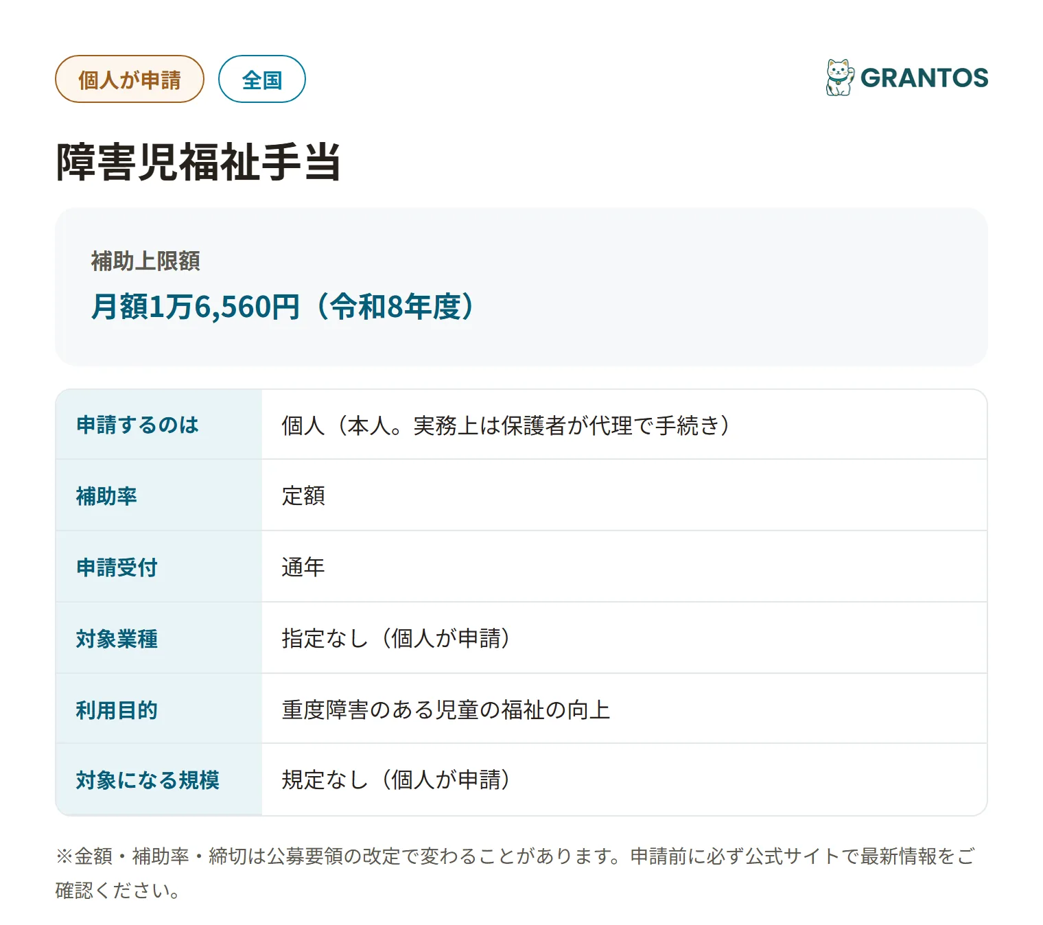 障害児福祉手当の対象・金額・締切の概要