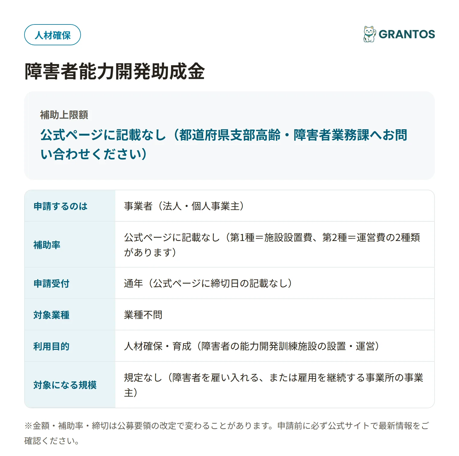 障害者能力開発助成金の対象・仕組みの概要