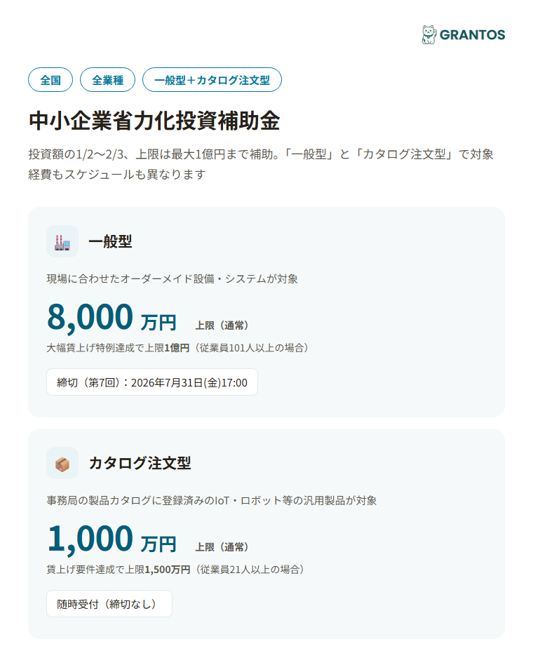 図版⓪：中小企業省力化投資補助金の概要インフォグラフィック。一般型（オーダーメイド設備・締切7/31）とカタログ注文型（登録製品・随時受付）の違いを一目で