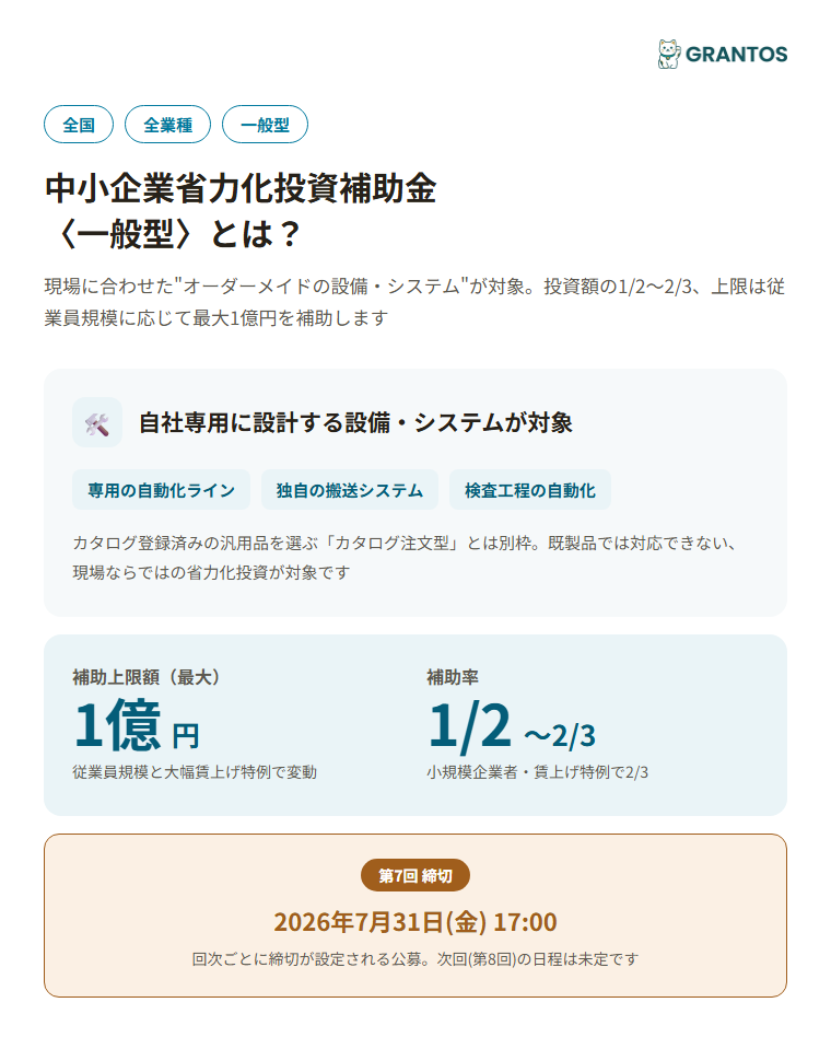 図版⓪：中小企業省力化投資補助金〈一般型〉の概要インフォグラフィック。オーダーメイド設備・補助率1/2〜2/3・上限最大1億円・締切2026年7月31日を一目で