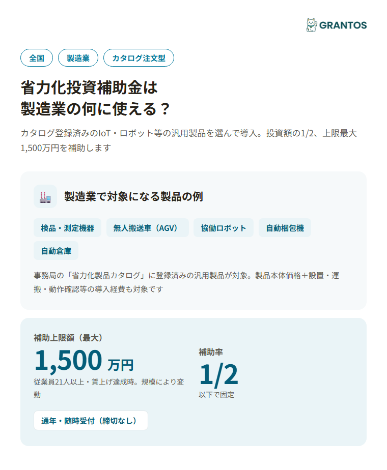 図版⓪：中小企業省力化投資補助金（カタログ注文型・製造業向け）の概要インフォグラフィック。対象製品例（検品・AGV・協働ロボット・自動梱包機・自動倉庫）と補助率1/2・上限1,500万円・通年随時受付を一目で