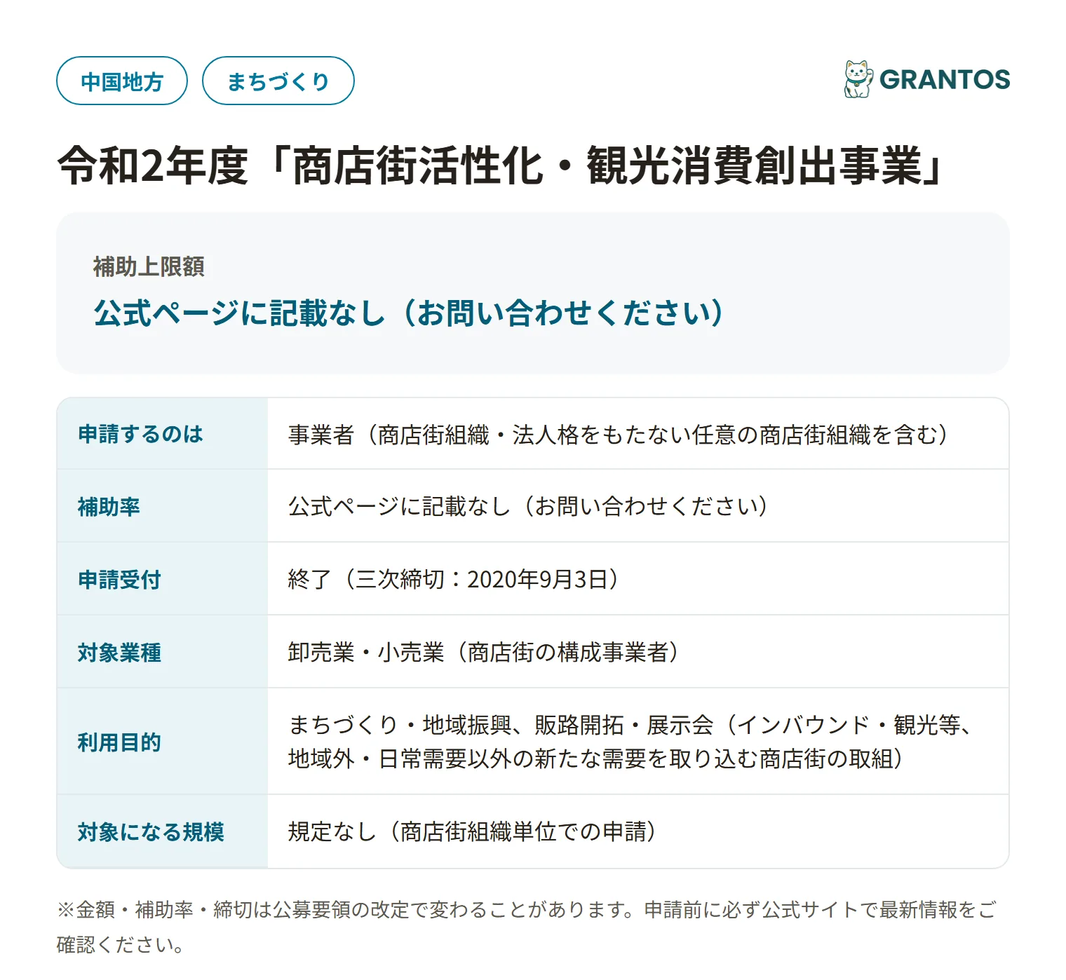 商店街活性化・観光消費創出事業(中国経済産業局・三次締切)の対象・金額・締切の概要