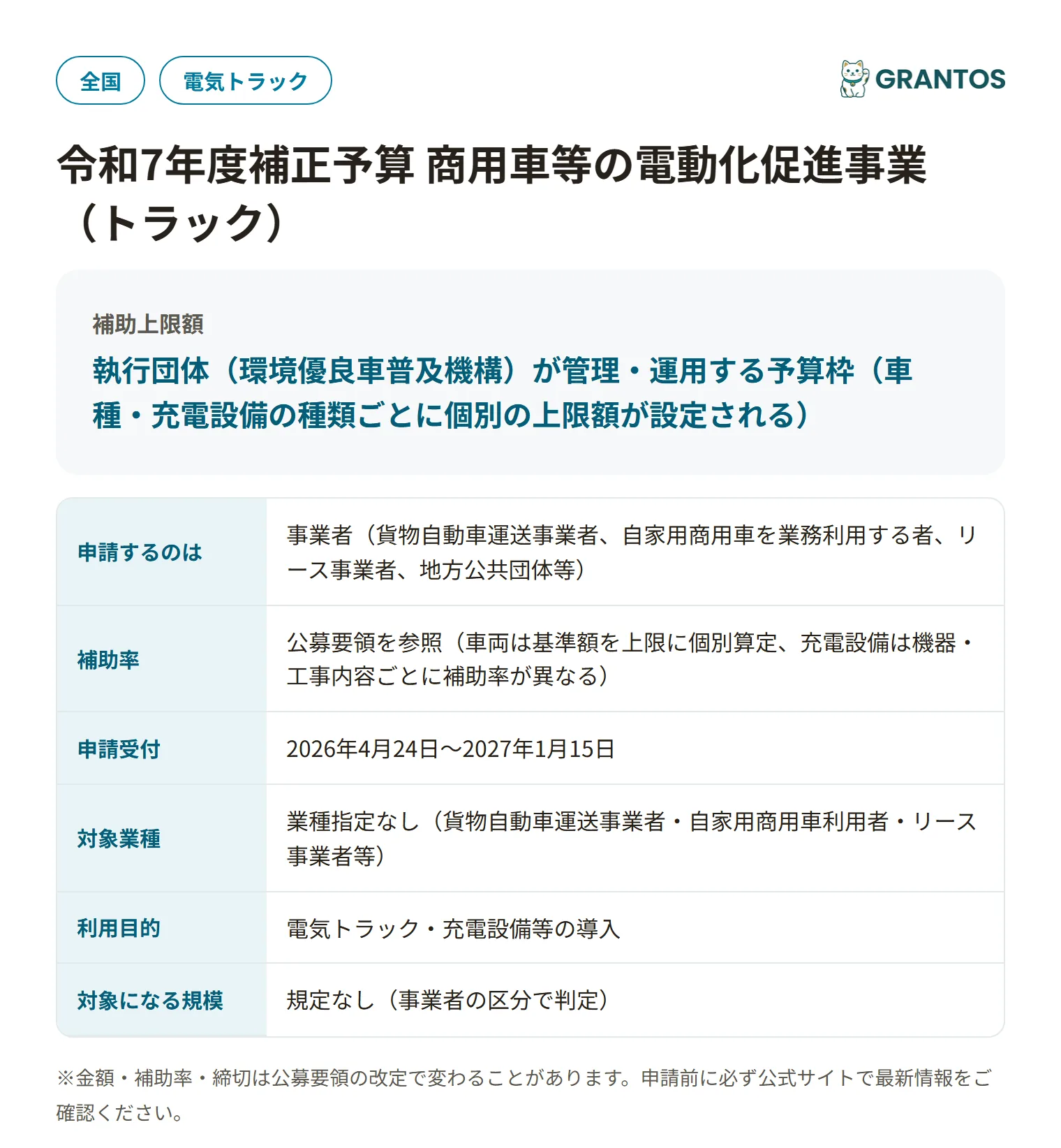 商用車等の電動化促進事業補助金（トラック）の対象・金額・締切の概要