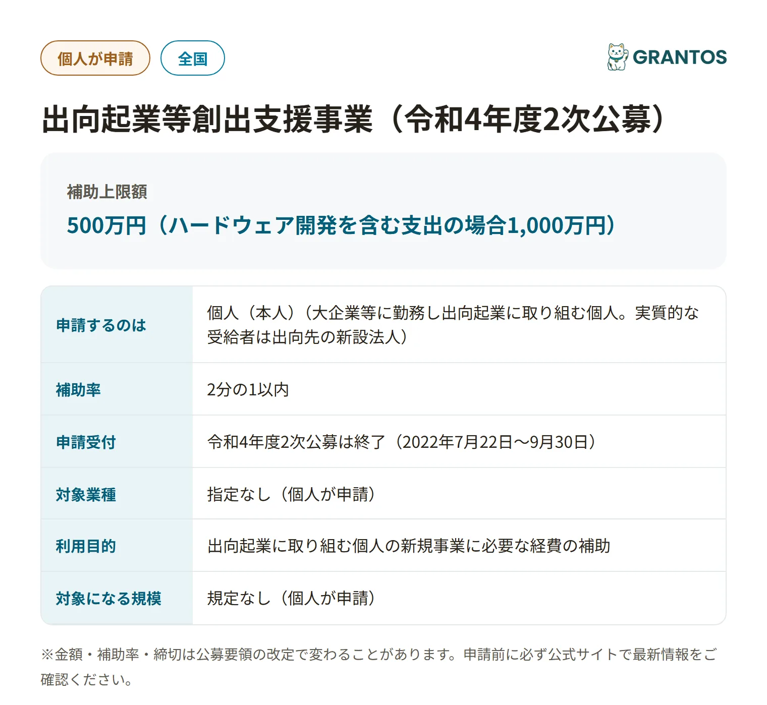 出向起業支援事業の対象・金額・締切の概要