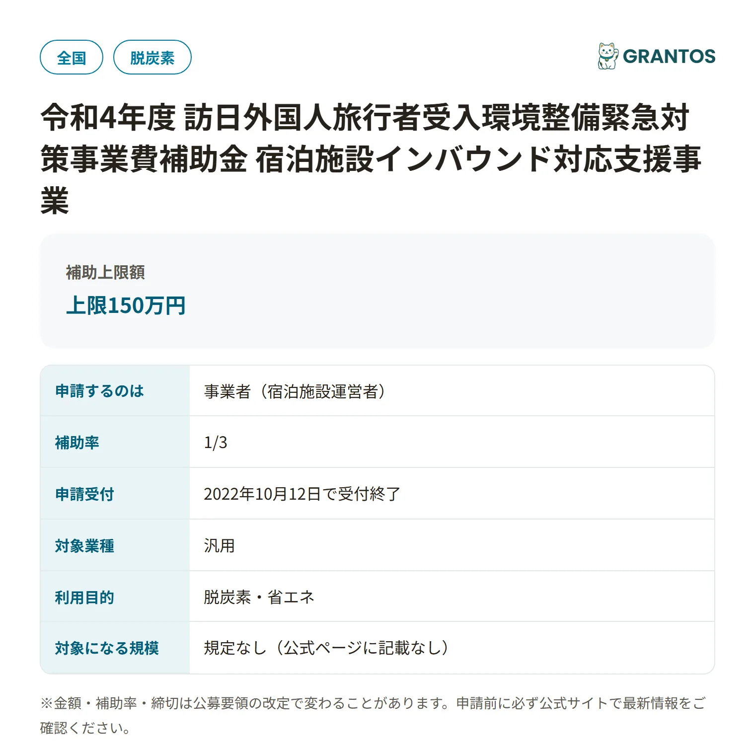 宿泊施設インバウンド対応支援事業の対象・金額・締切の概要