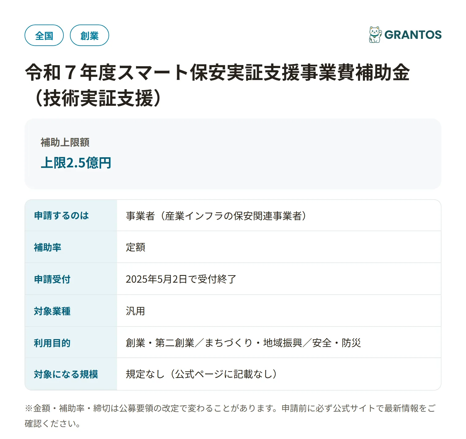 スマート保安実証支援事業費補助金（技術実証支援）の対象・金額・締切の概要
