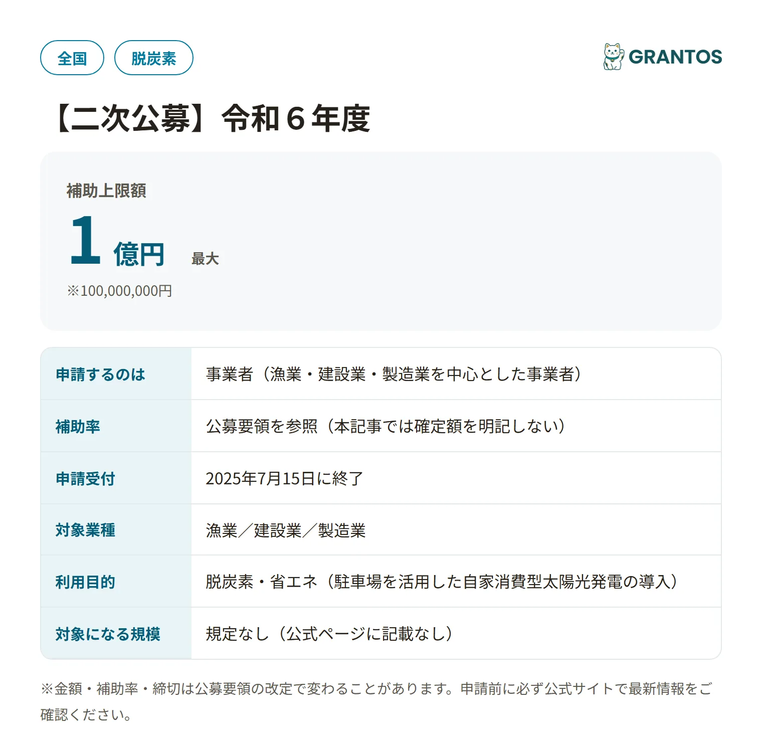 ソーラーカーポート補助金（二次公募）の対象・金額・締切の概要