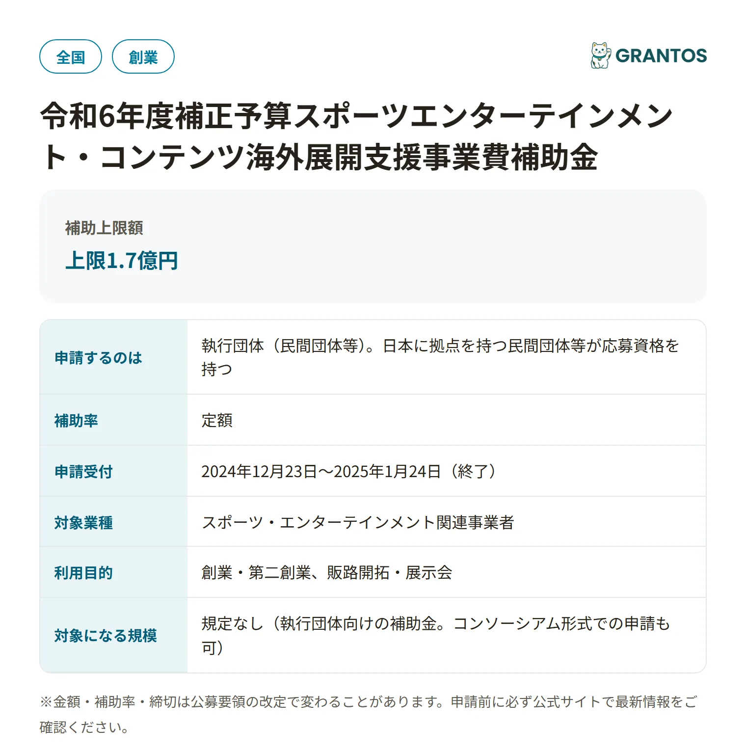 スポーツエンターテインメント・コンテンツ海外展開支援事業費補助金（令和6年度補正）の対象・金額・締切の概要