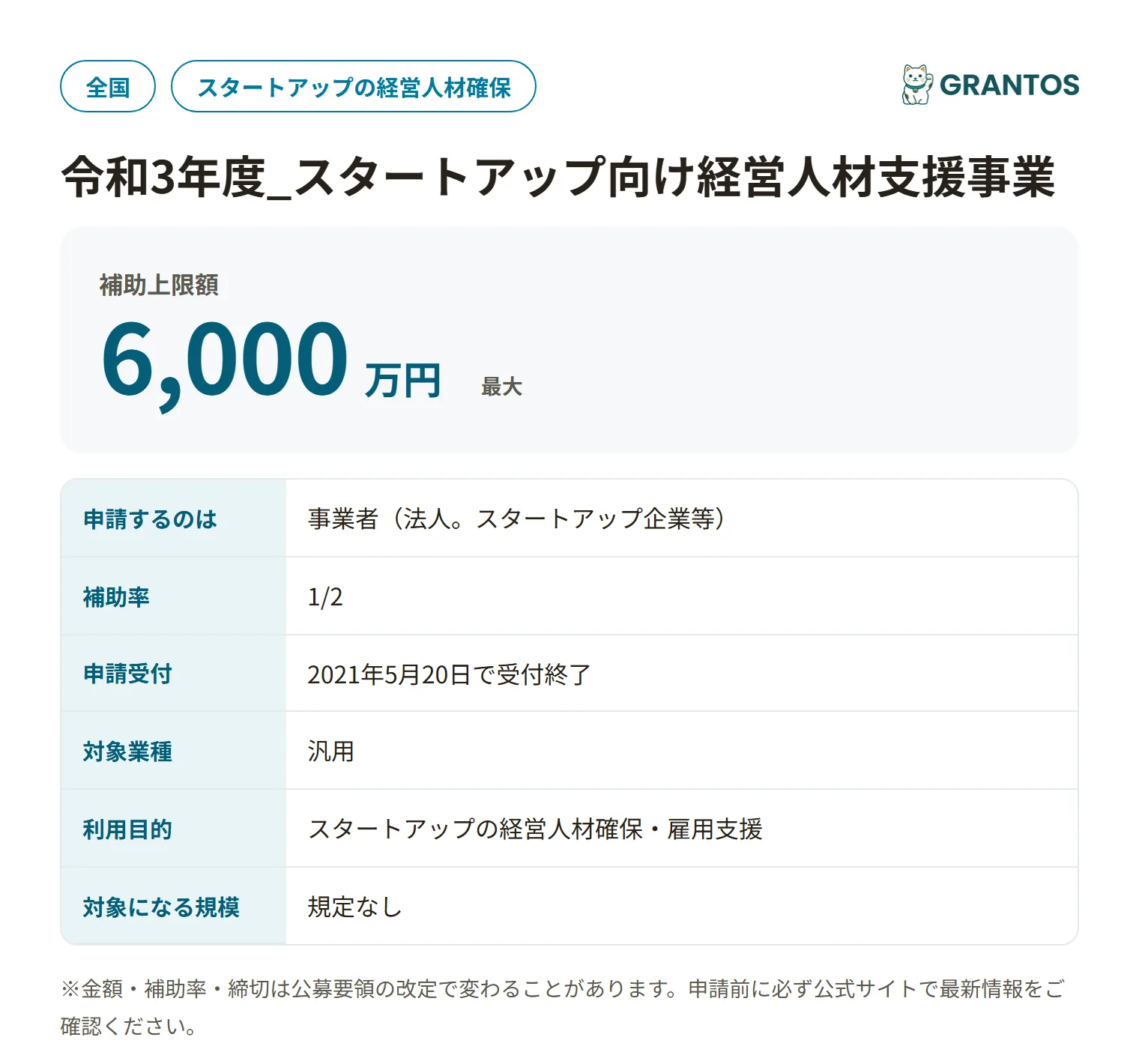 スタートアップ向け経営人材支援事業の対象・金額・締切の概要