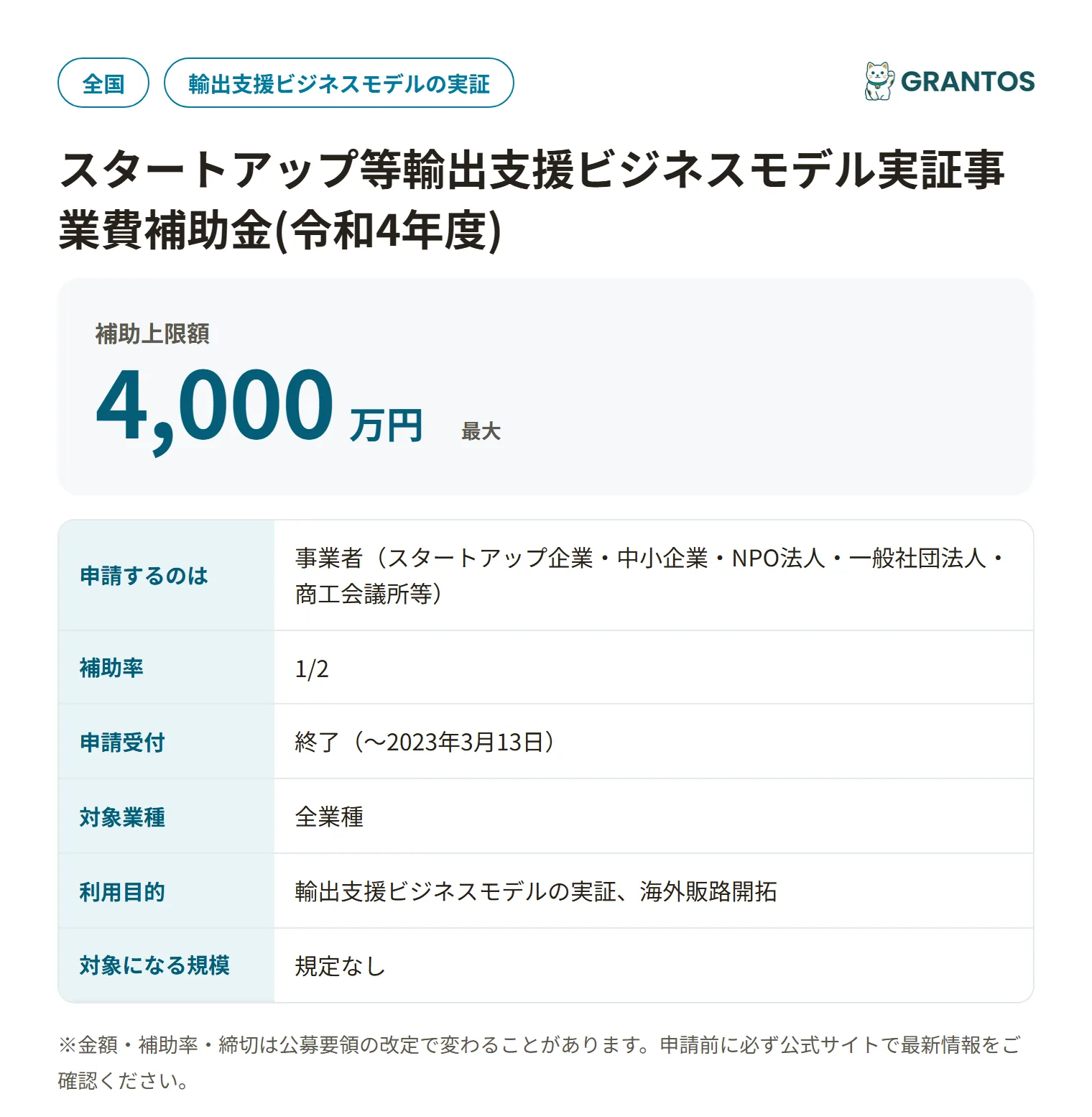 スタートアップ等輸出支援ビジネスモデル補助金(令和4年度)の対象・金額・締切の概要