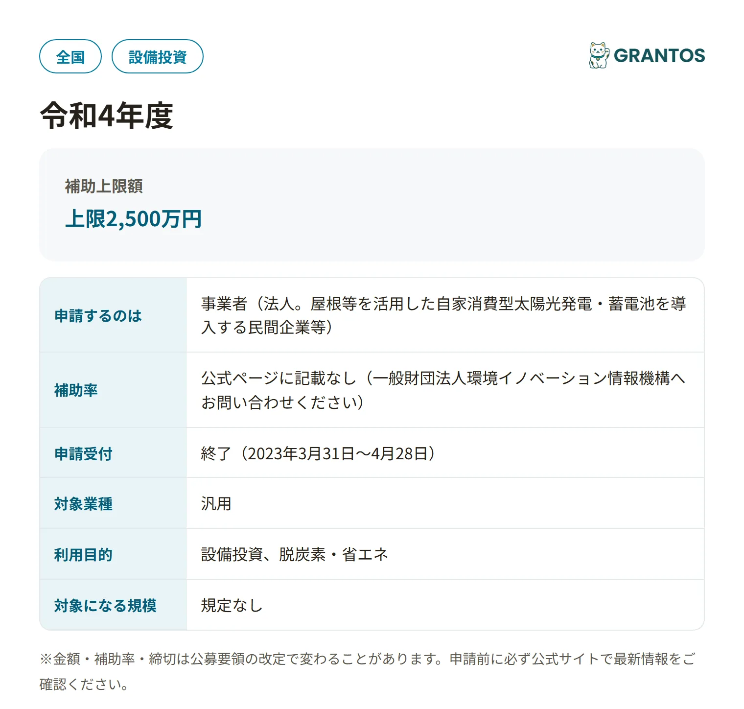二酸化炭素排出抑制対策事業費等補助金（ストレージパリティ・R4第2次補正一次公募）の対象・金額・締切の概要