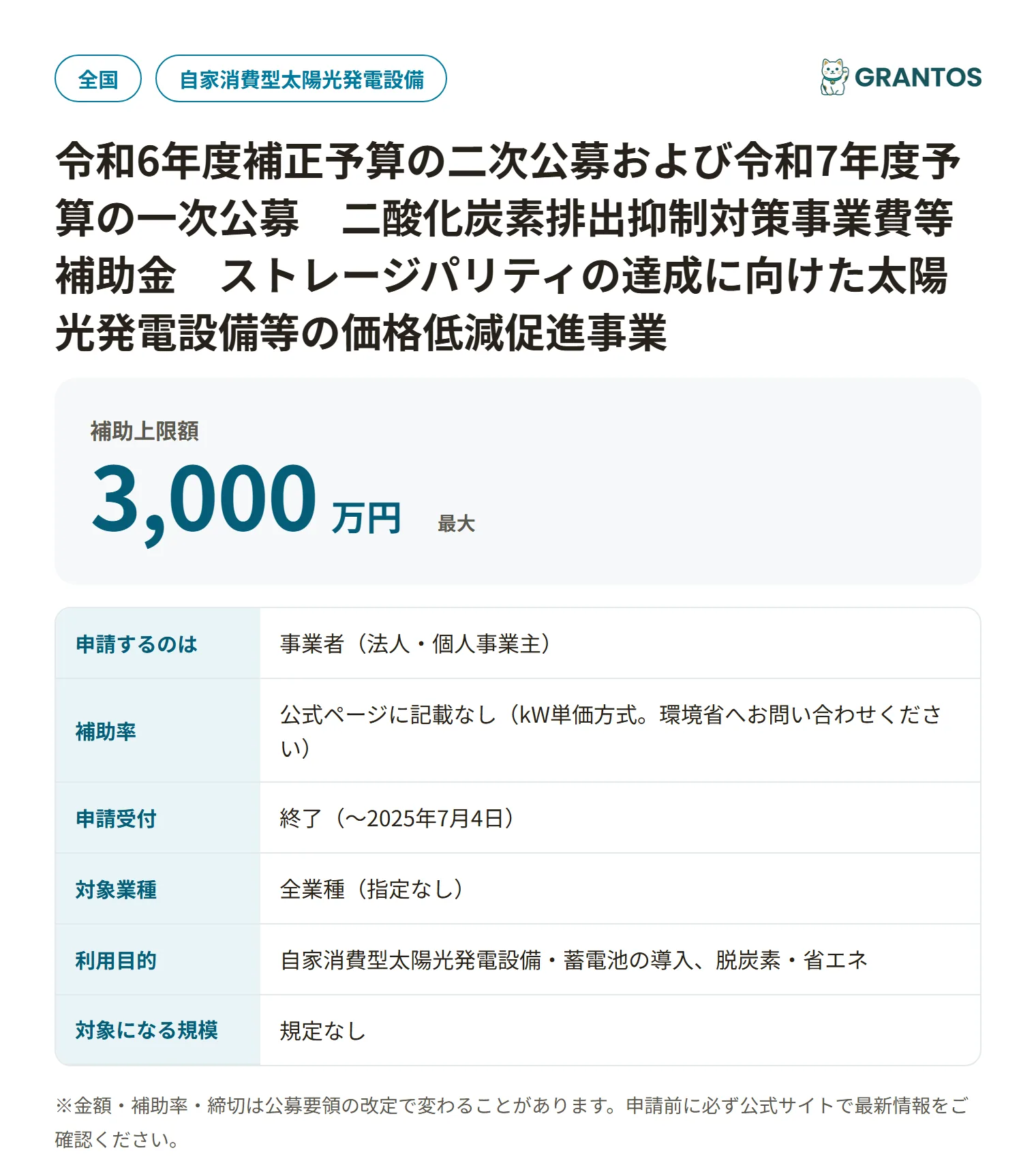 ストレージパリティ太陽光補助金(令和7年度一次公募)の対象・金額・締切の概要