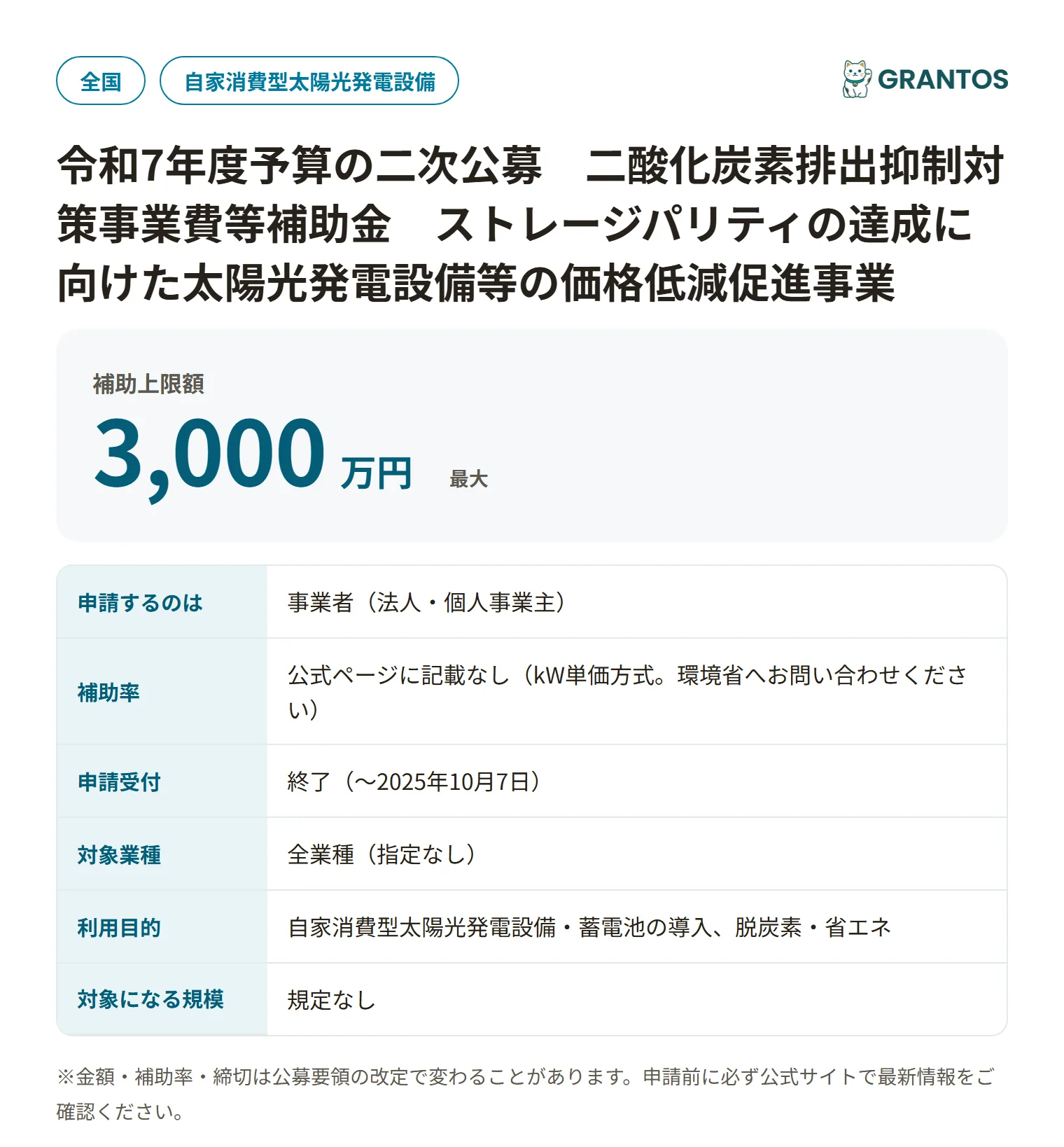 ストレージパリティ太陽光補助金(令和7年度二次公募)の対象・金額・締切の概要