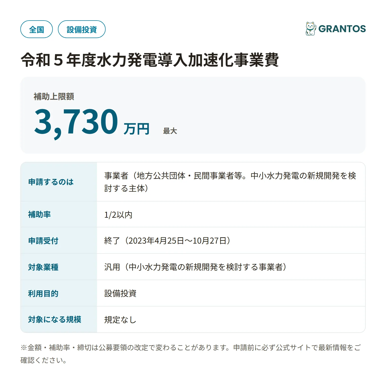 水力発電導入加速化事業費（地域共生促進事業・令和5年度）の対象・金額・締切の概要