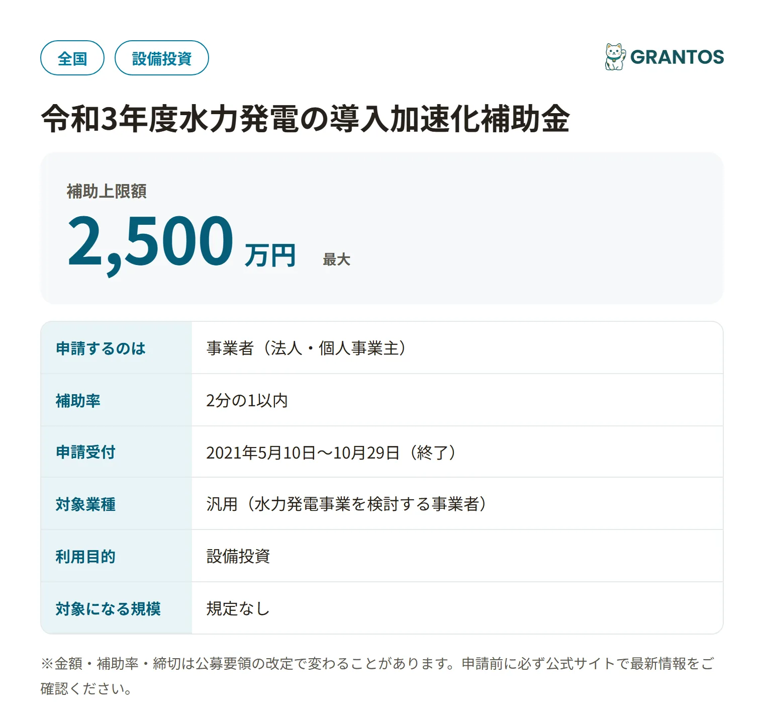 水力発電の導入加速化補助金（地域における共生促進等を図る事業）の対象・金額・締切の概要