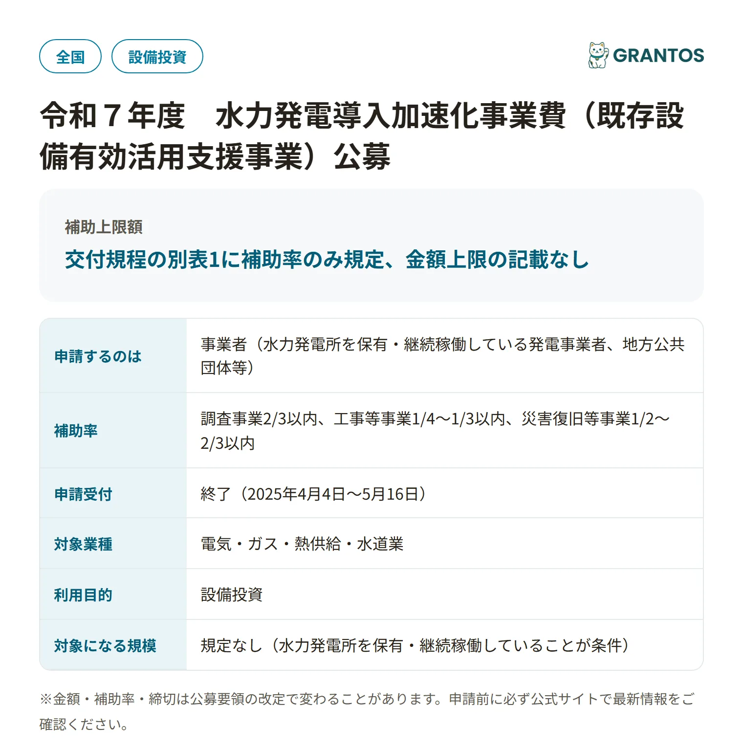 水力発電導入加速化事業費（既存設備有効活用支援事業）の対象・金額・締切の概要