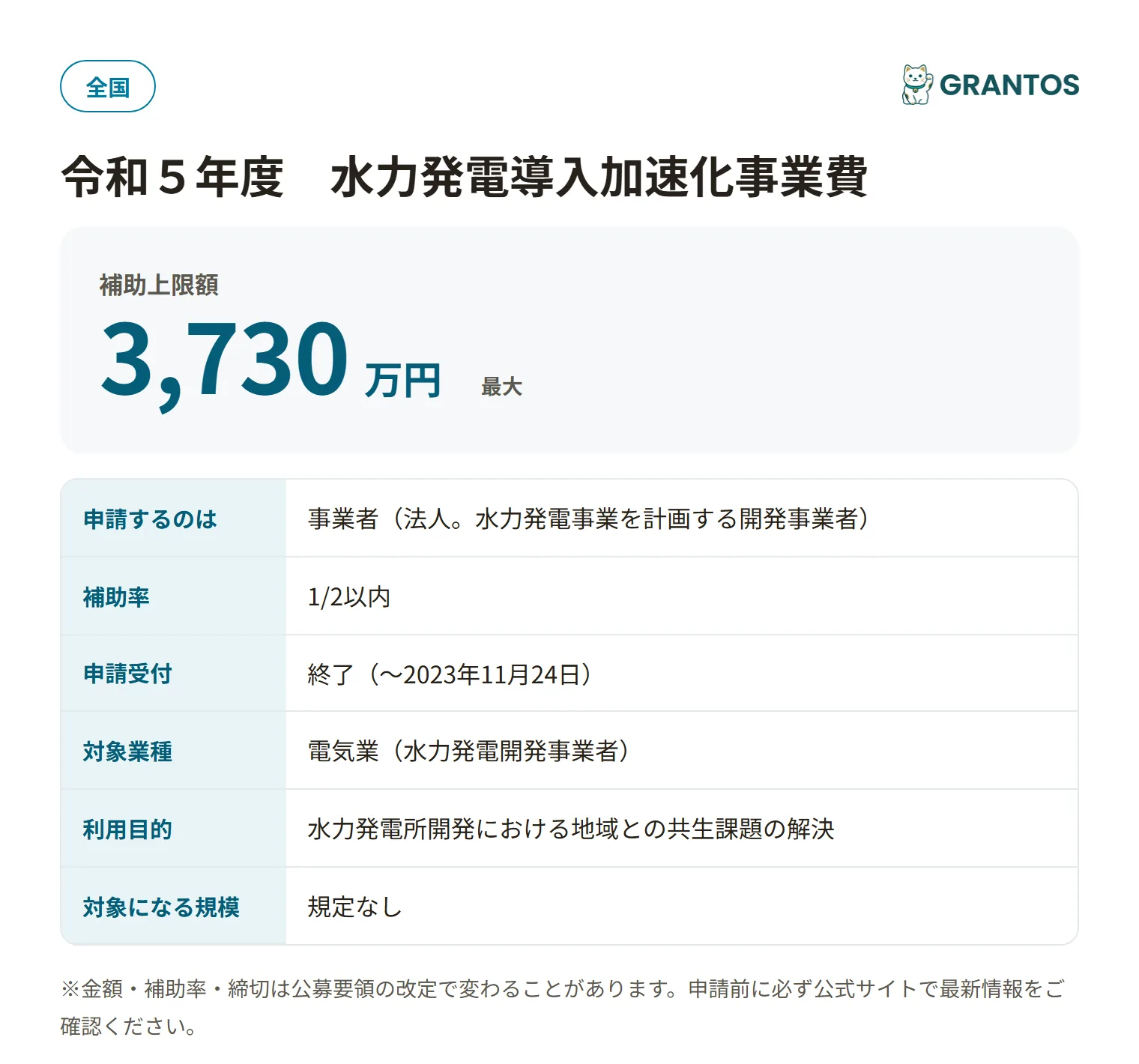 水力発電導入加速化事業費補助金(令和5年度二次公募)の対象・金額・締切の概要