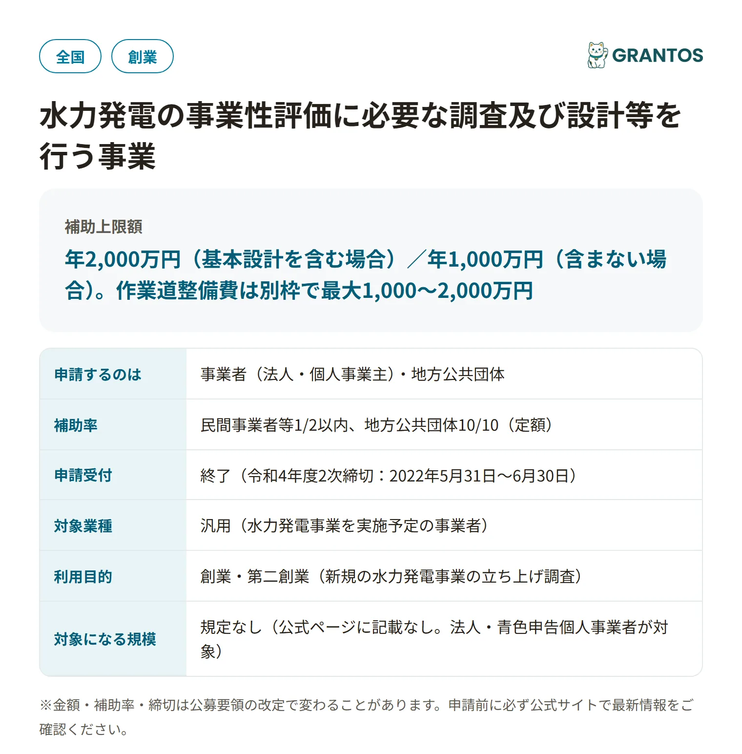 水力発電の事業性評価に必要な調査及び設計等を行う事業の対象・金額・締切の概要