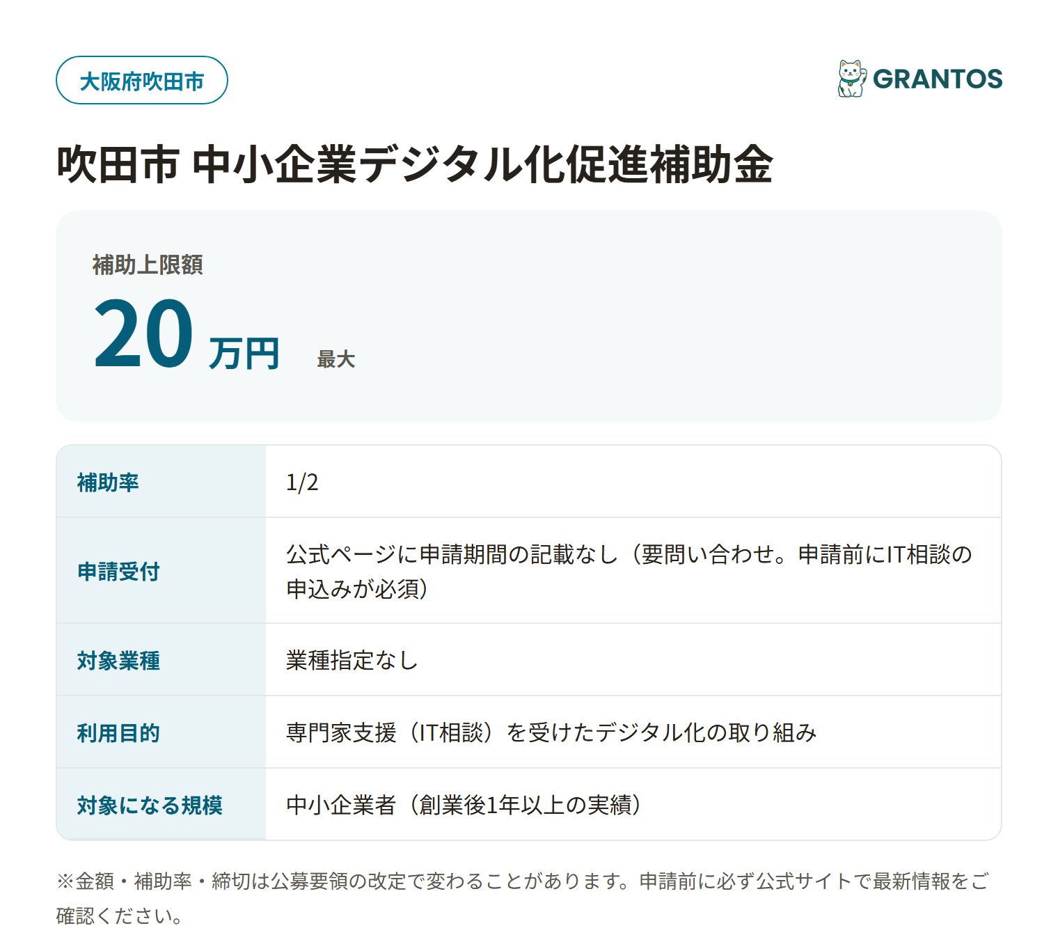 吹田市中小企業デジタル化促進補助金の対象・金額・締切の概要