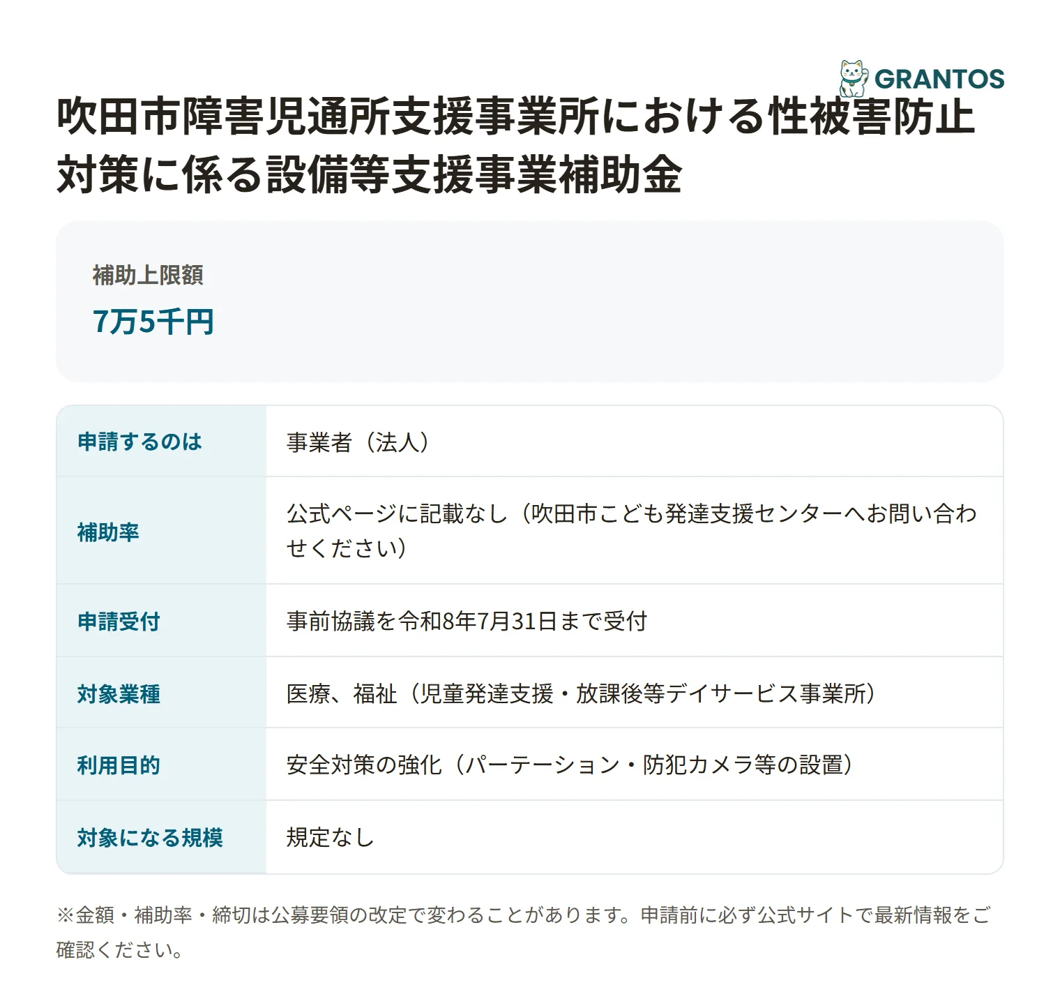 吹田市障害児通所支援事業所における性被害防止対策に係る設備等支援事業補助金の対象・金額・締切の概要