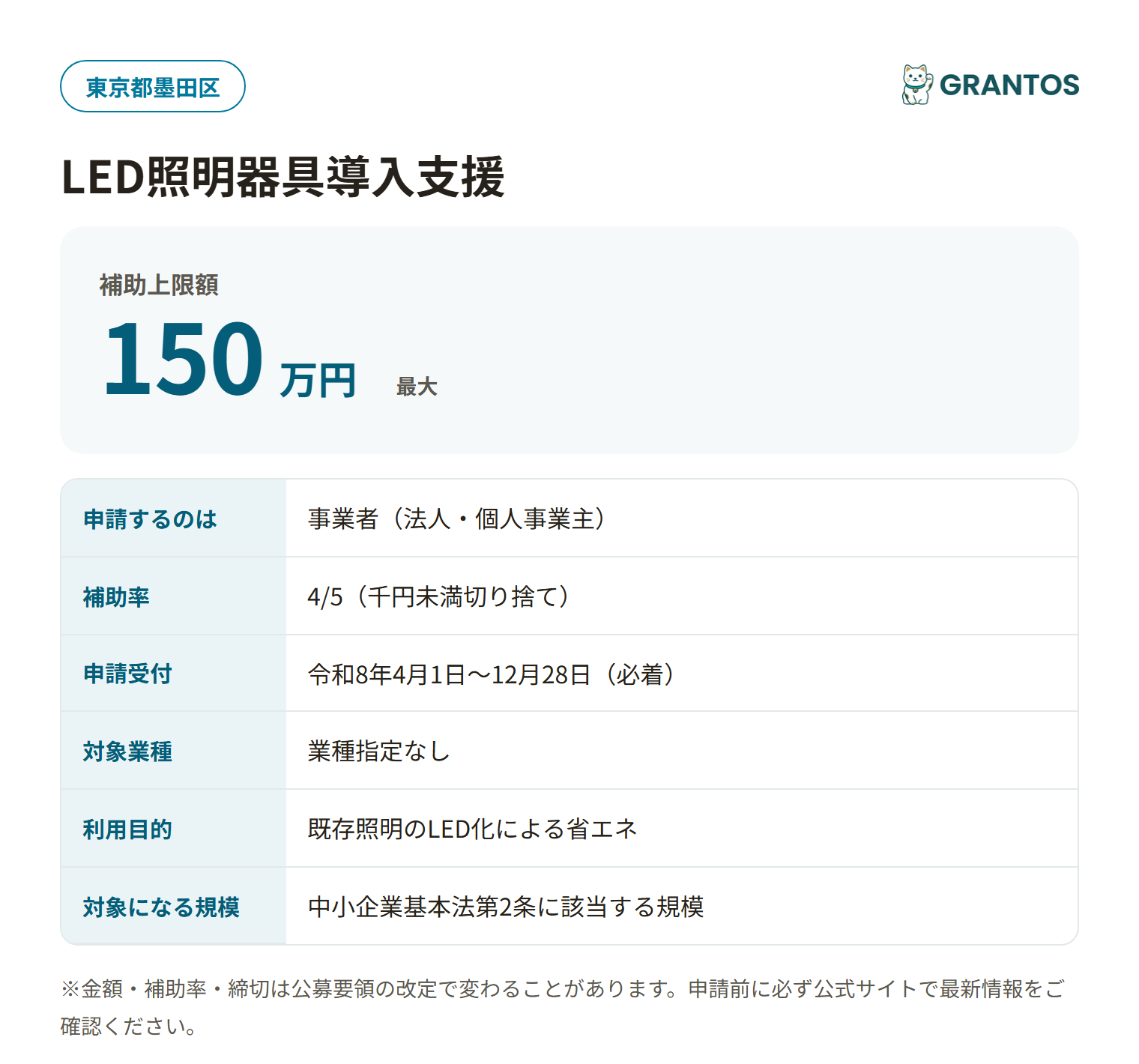 墨田区LED照明器具導入支援の対象・金額・締切の概要