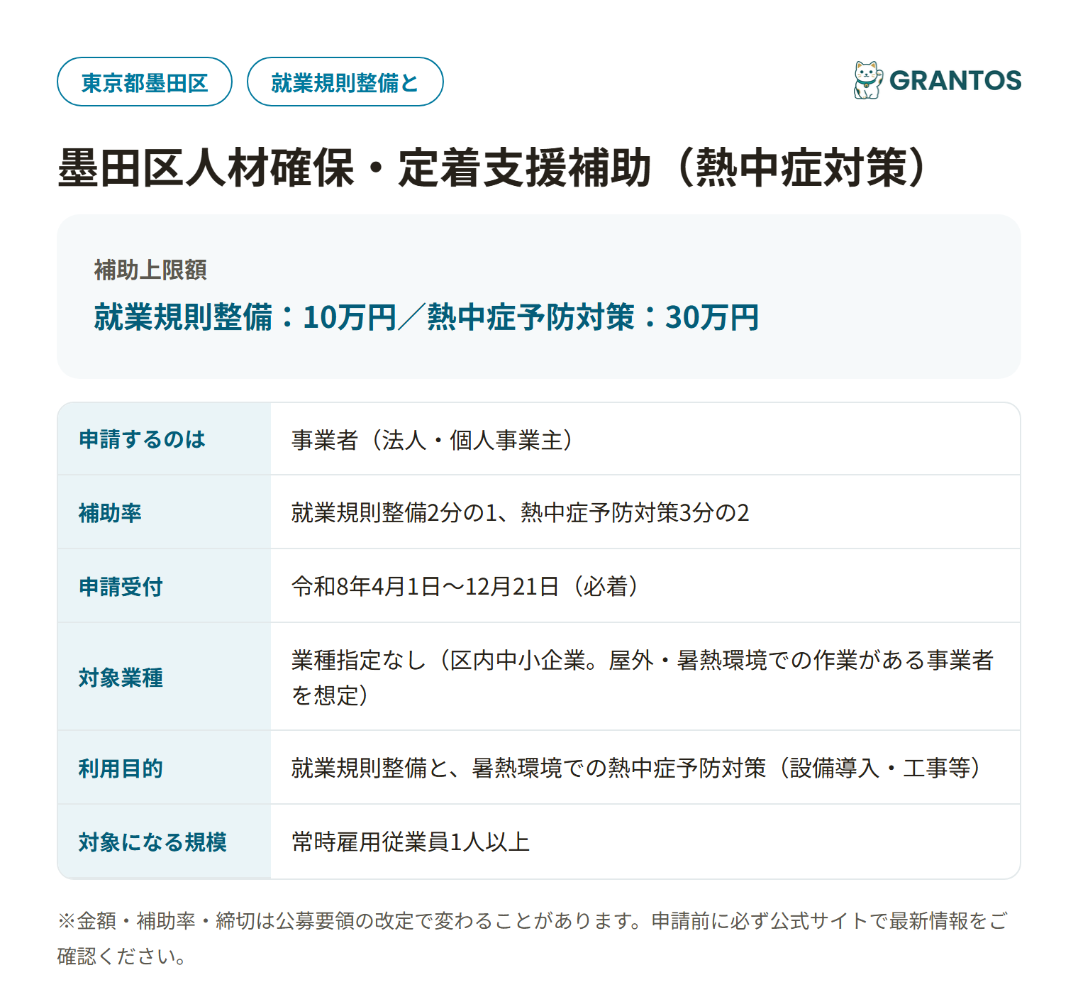 墨田区人材確保・定着支援補助金（熱中症対策）の対象・金額・締切の概要