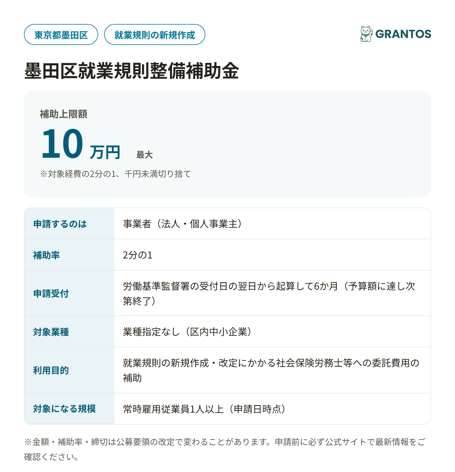 墨田区就業規則整備補助金の対象・金額・締切の概要