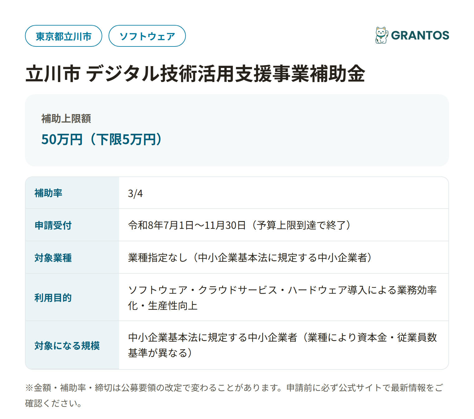 立川市 デジタル技術活用支援事業補助金の対象・金額・締切の概要